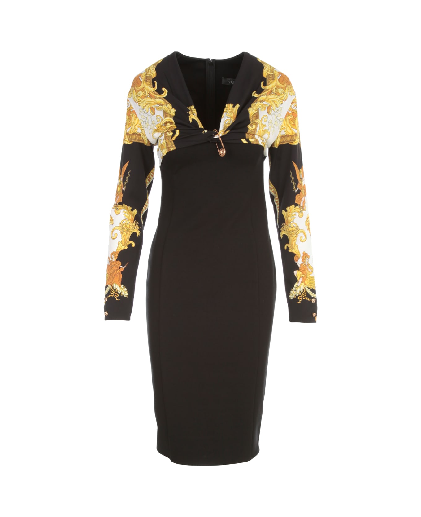 Versace Baroque Perinting V Neck L/s Long Dress - Nero