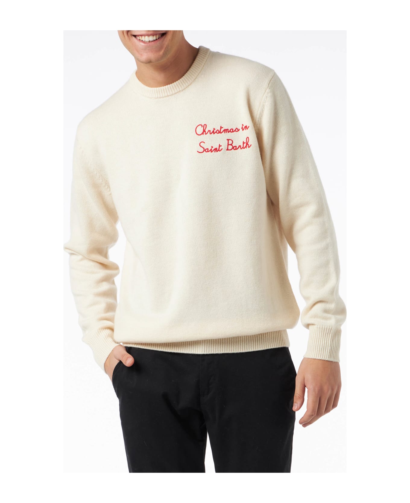 MC2 Saint Barth Man Crewneck Sweater With Christmas In Saint Barth Embroidery - WHITE