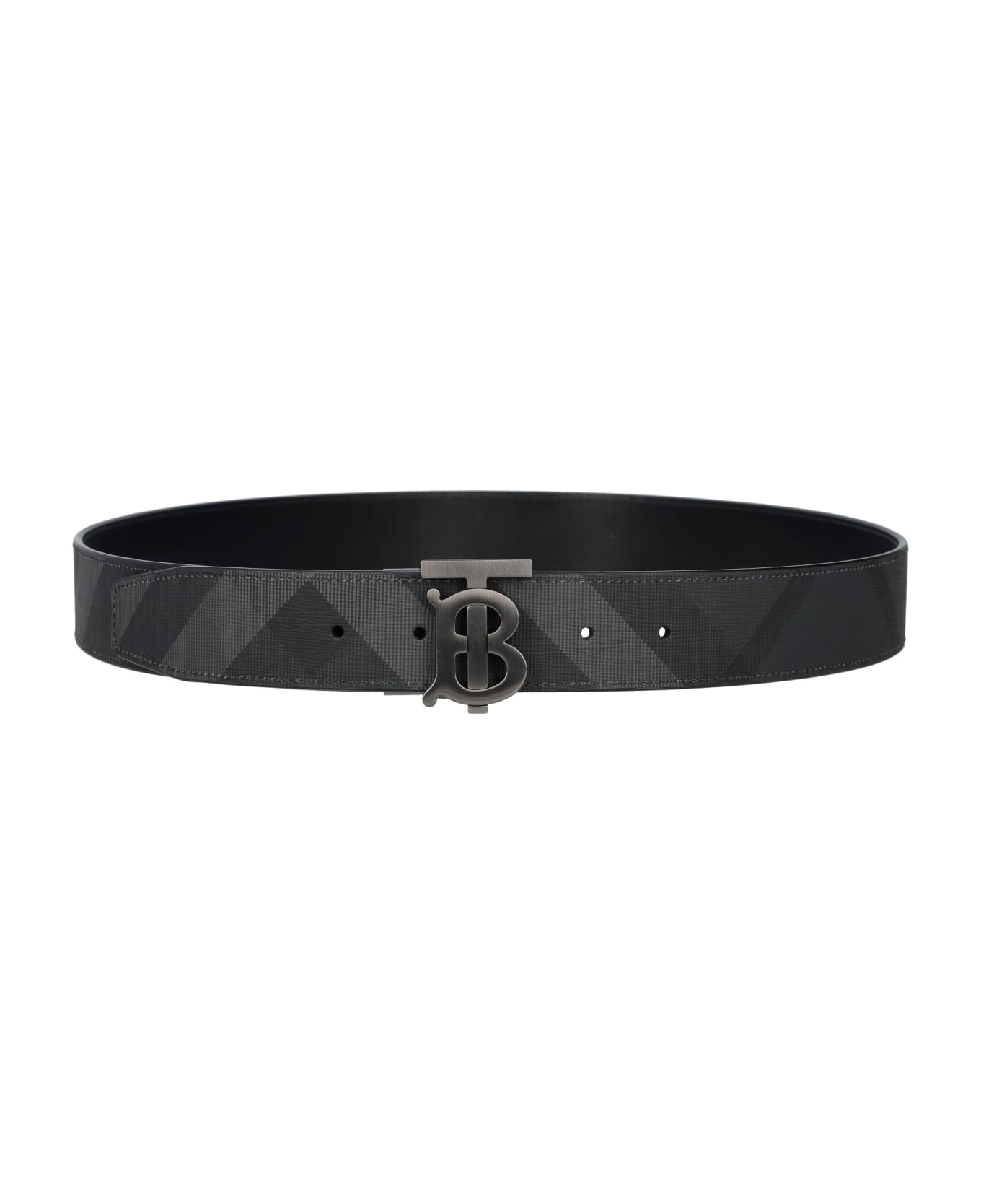 Burberry London Check And Leather Reversible Tb Belt - CHARCOAL/GRAPHITE