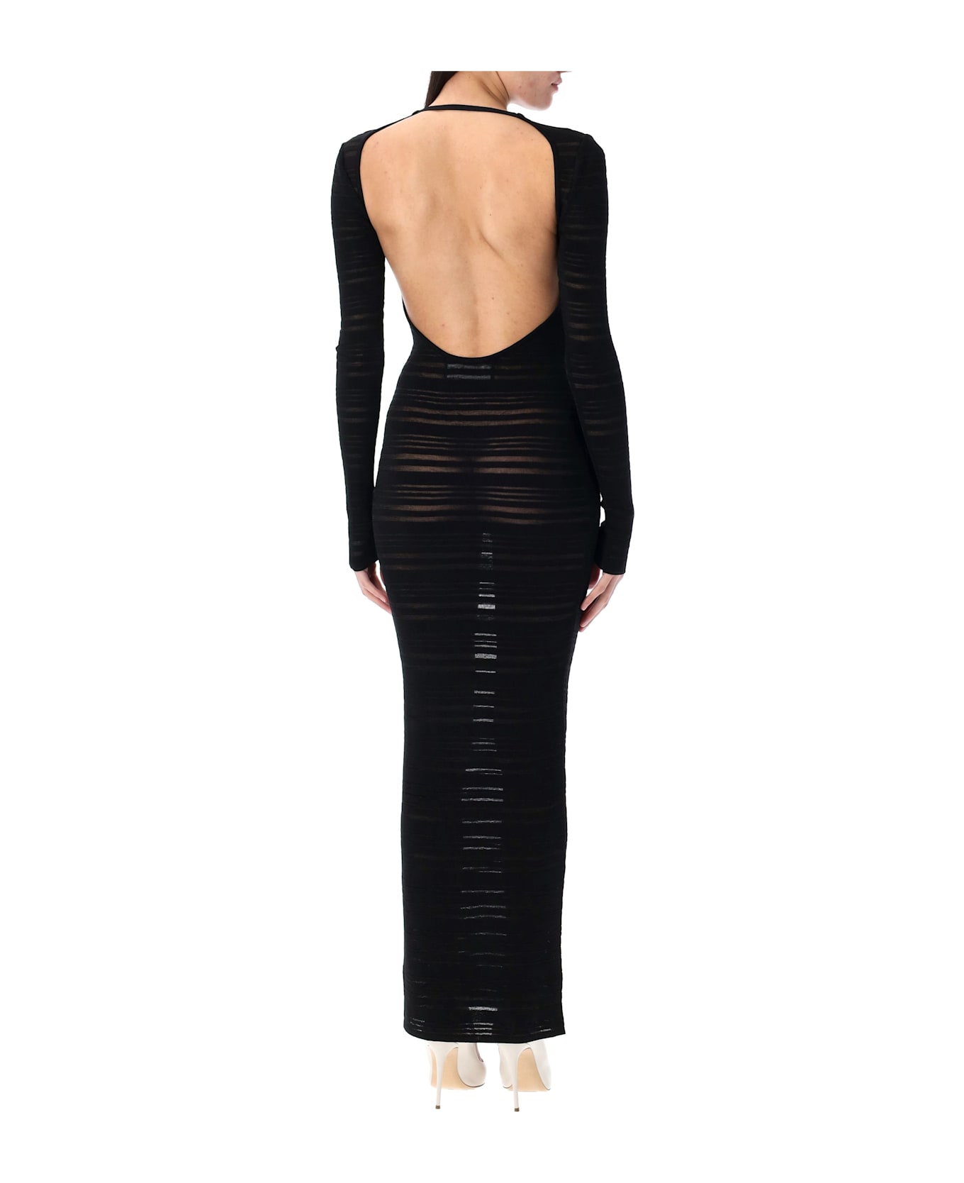 ANDREĀDAMO Striped Sheer Knit Long Dress - BLACK