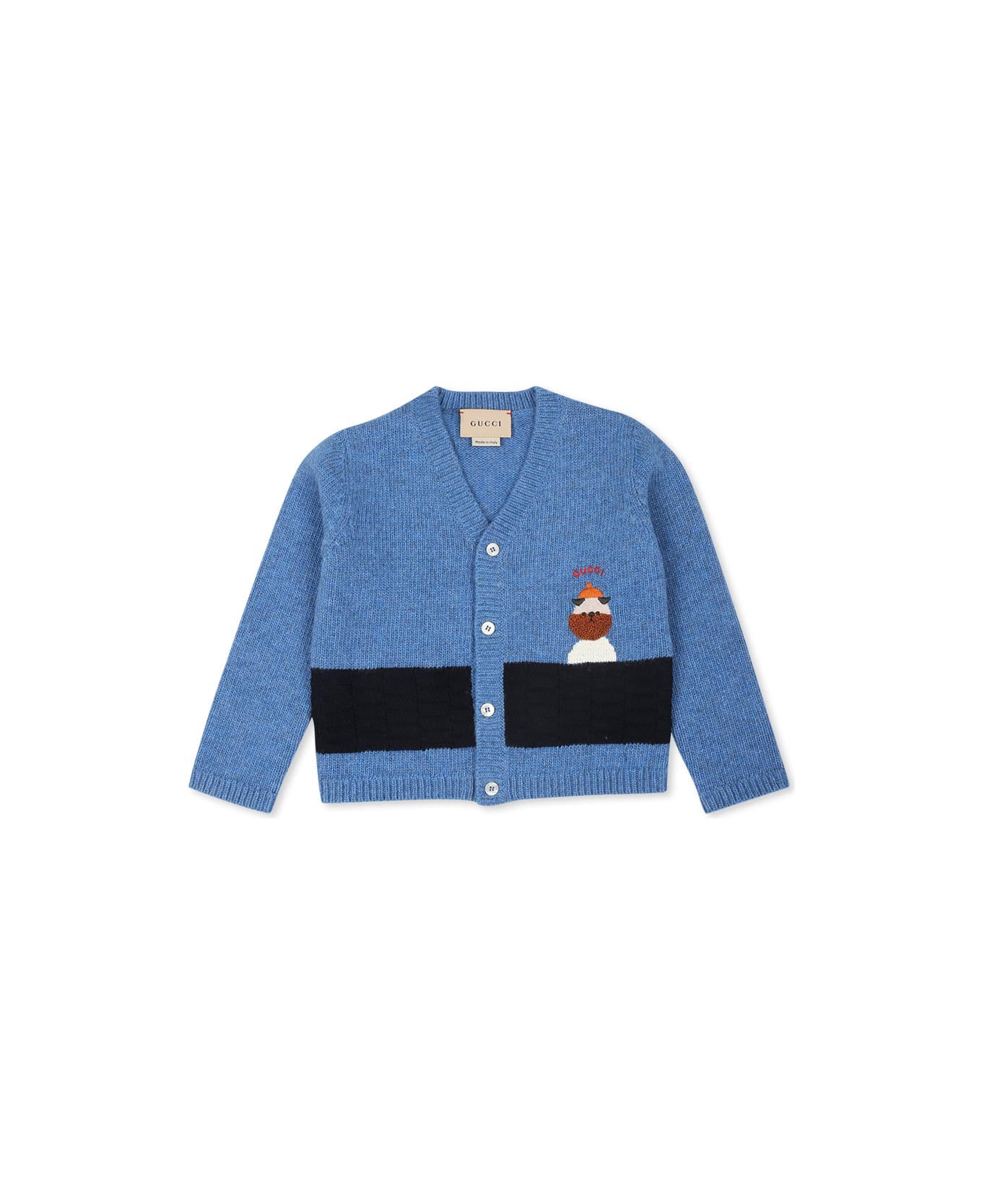 Gucci Light Blue Cardigan For Baby Boy With Dog And Logo - Light Blue