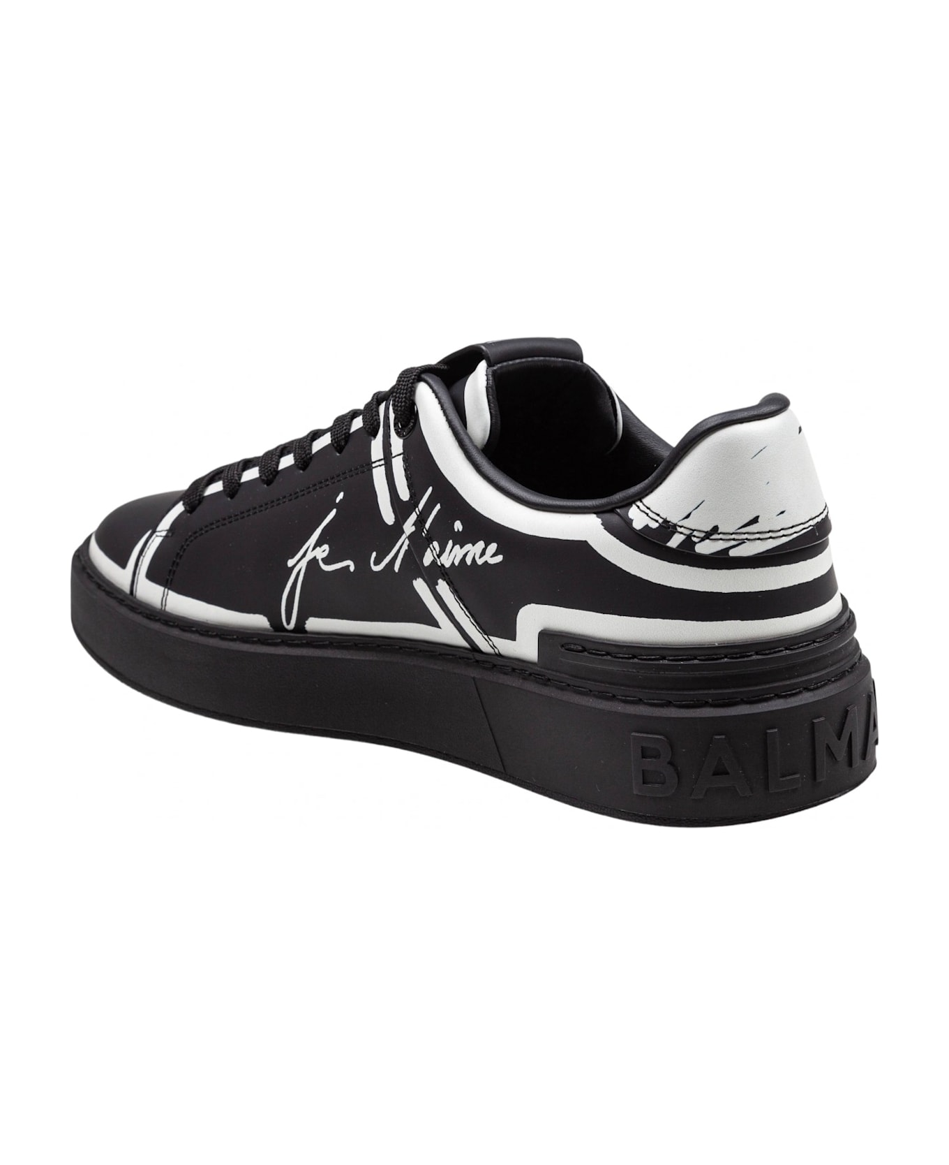 Balmain B-court Sneakers In Leather With "je T'aime" Print Color Black - Noir/Blanc