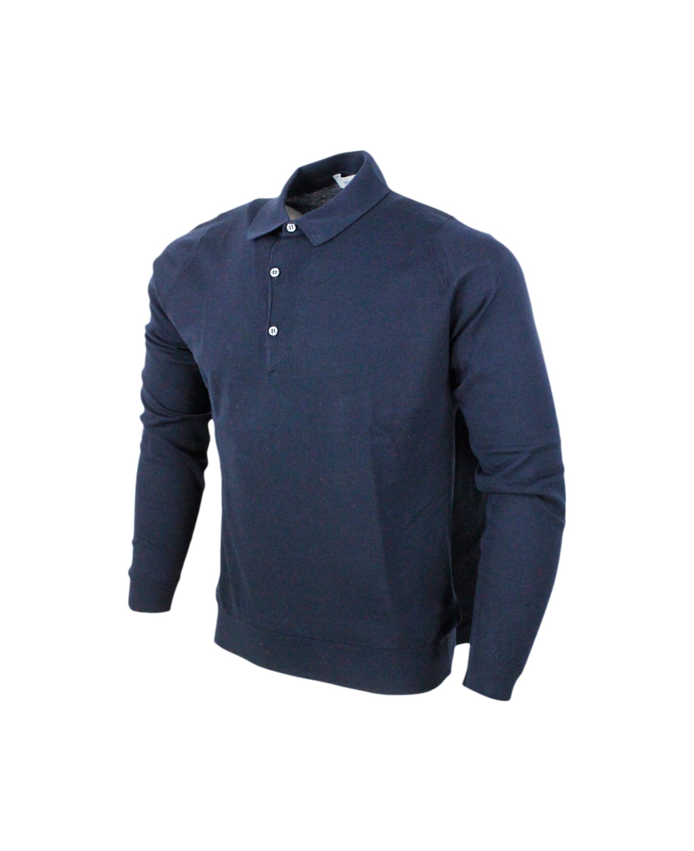 John Smedley Long-sleeved Polo Shirt In Extrafine Cotton Thread With Three Buttons - Blu