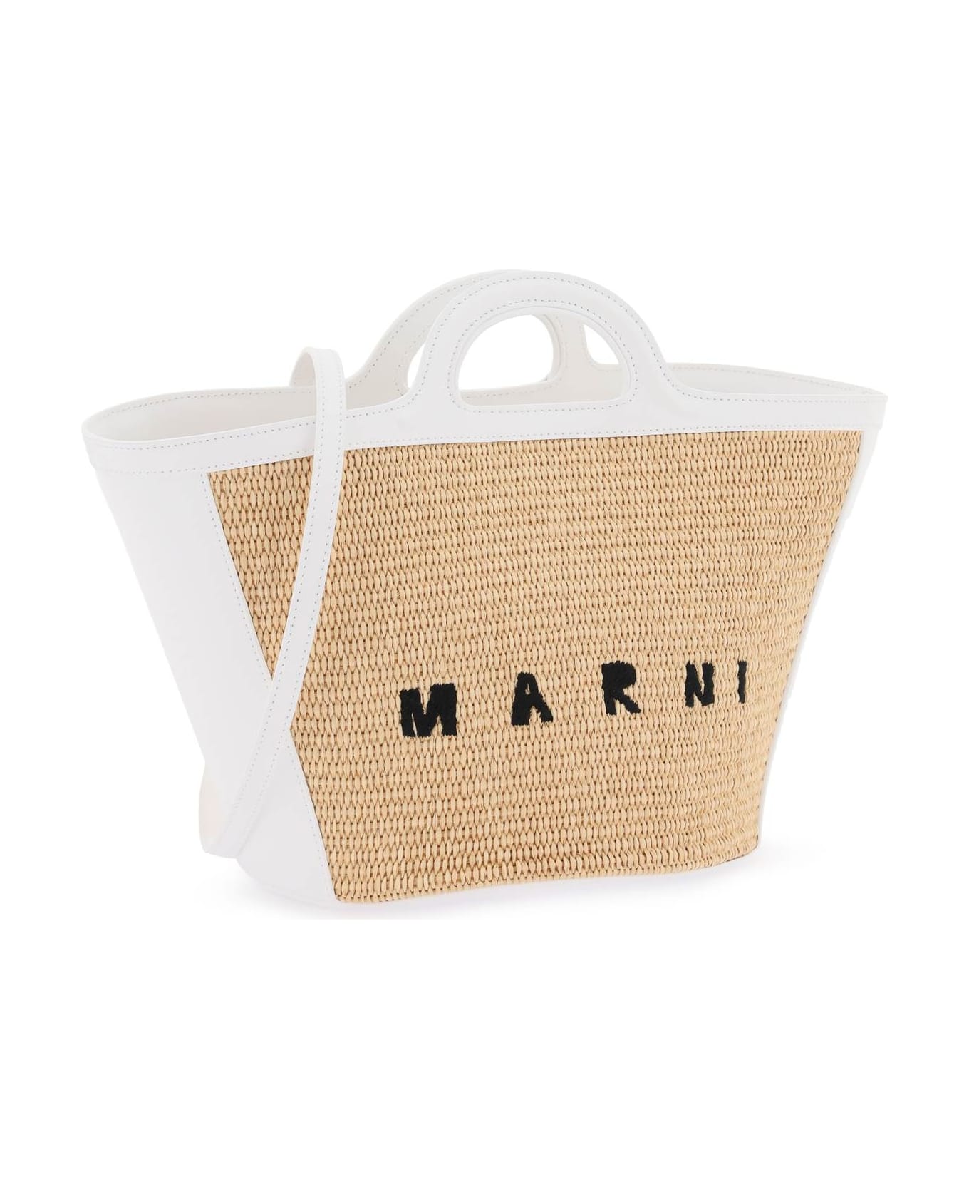 Marni Small Tropicalia Summer Bag In White Leather And Natural Raffia - White/beige トートバッグ
