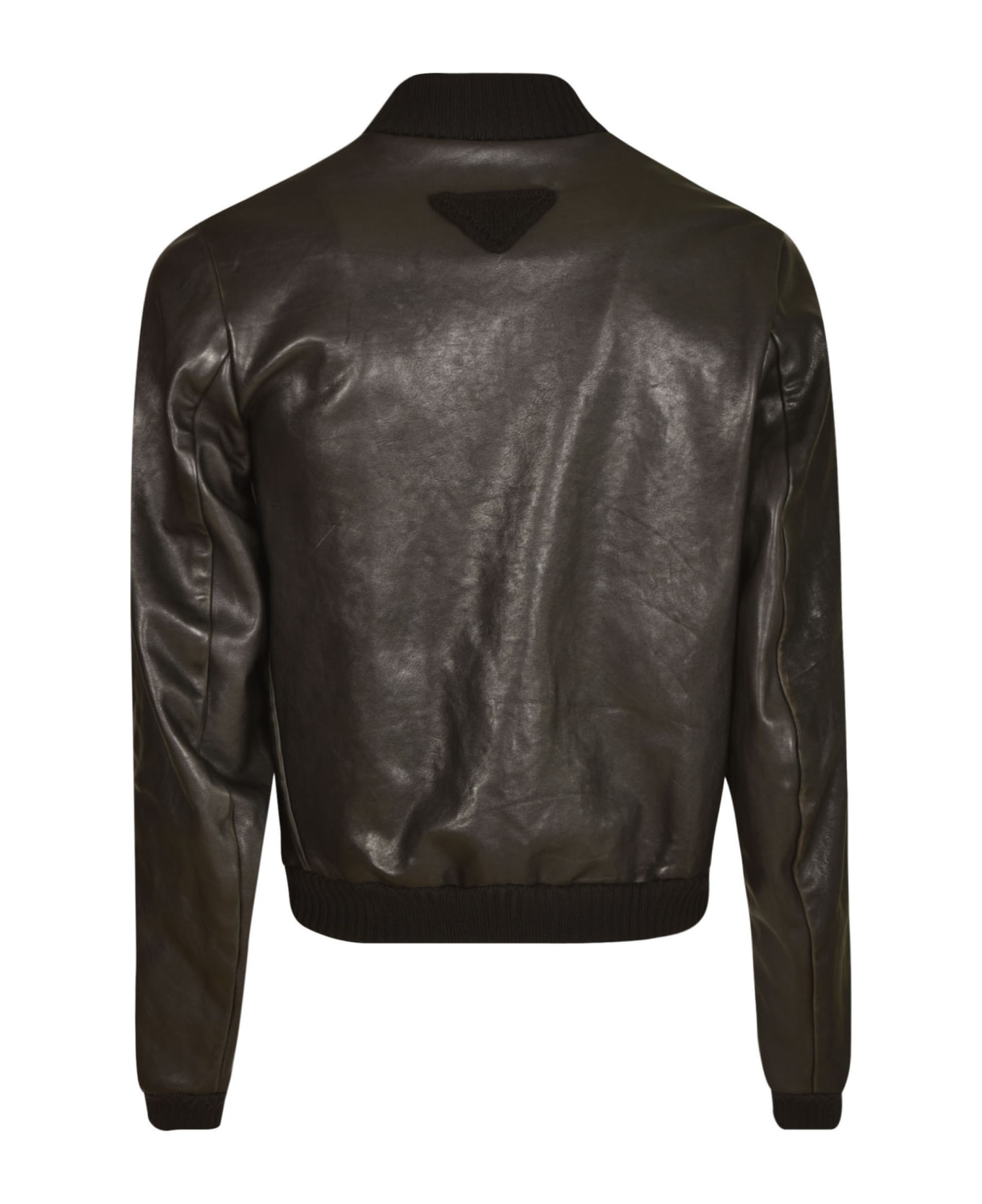 Prada Logo Patch Rib Trim Zipped Leather Jacket - Black レザージャケット