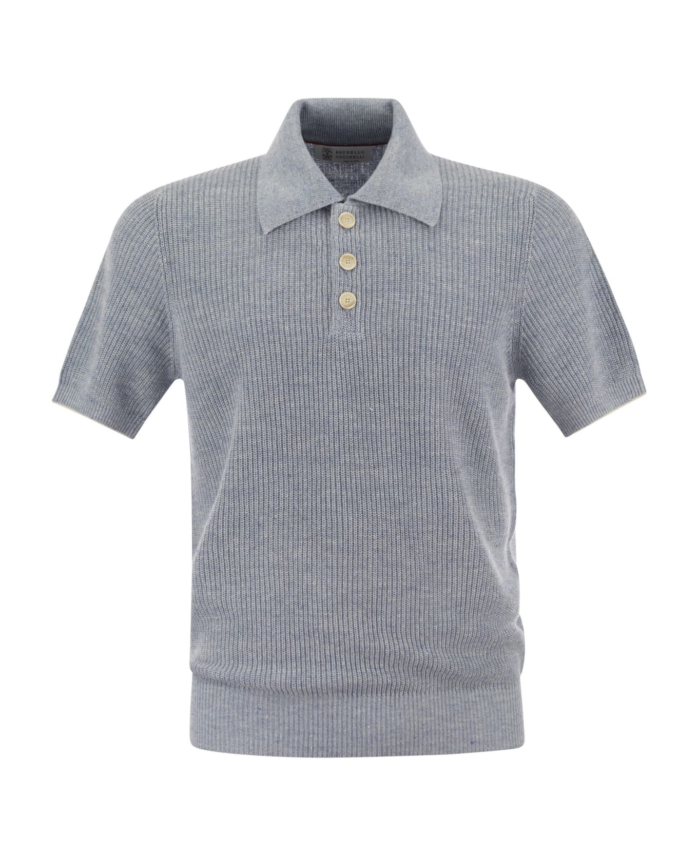 Brunello Cucinelli Linen And Cotton Half-rib Knit Polo Shirt - Light Blue ポロシャツ