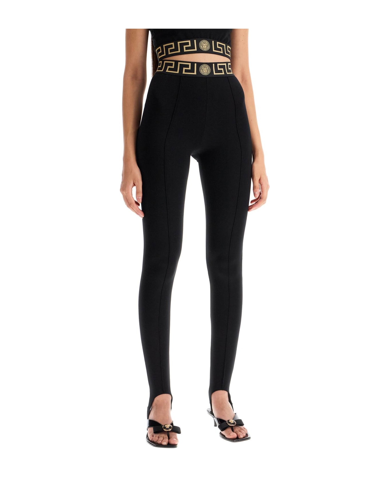 Versace Leggings With Stirrup And Greek Band - Black