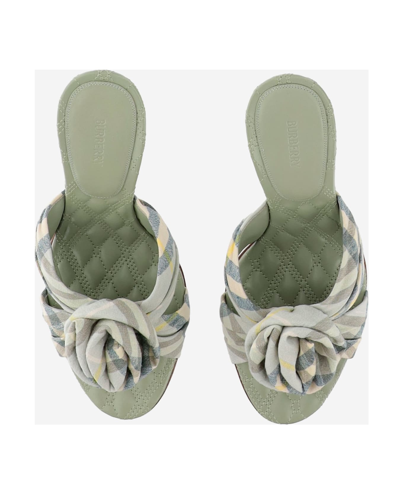 Burberry Mews Rose Stretch Linen Blend Check Mules - Green