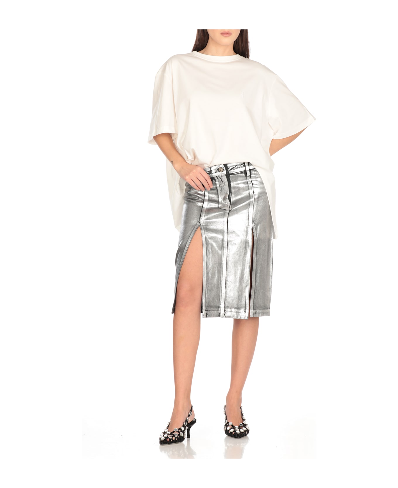 The Attico Cotton Midi Skirt - Silver