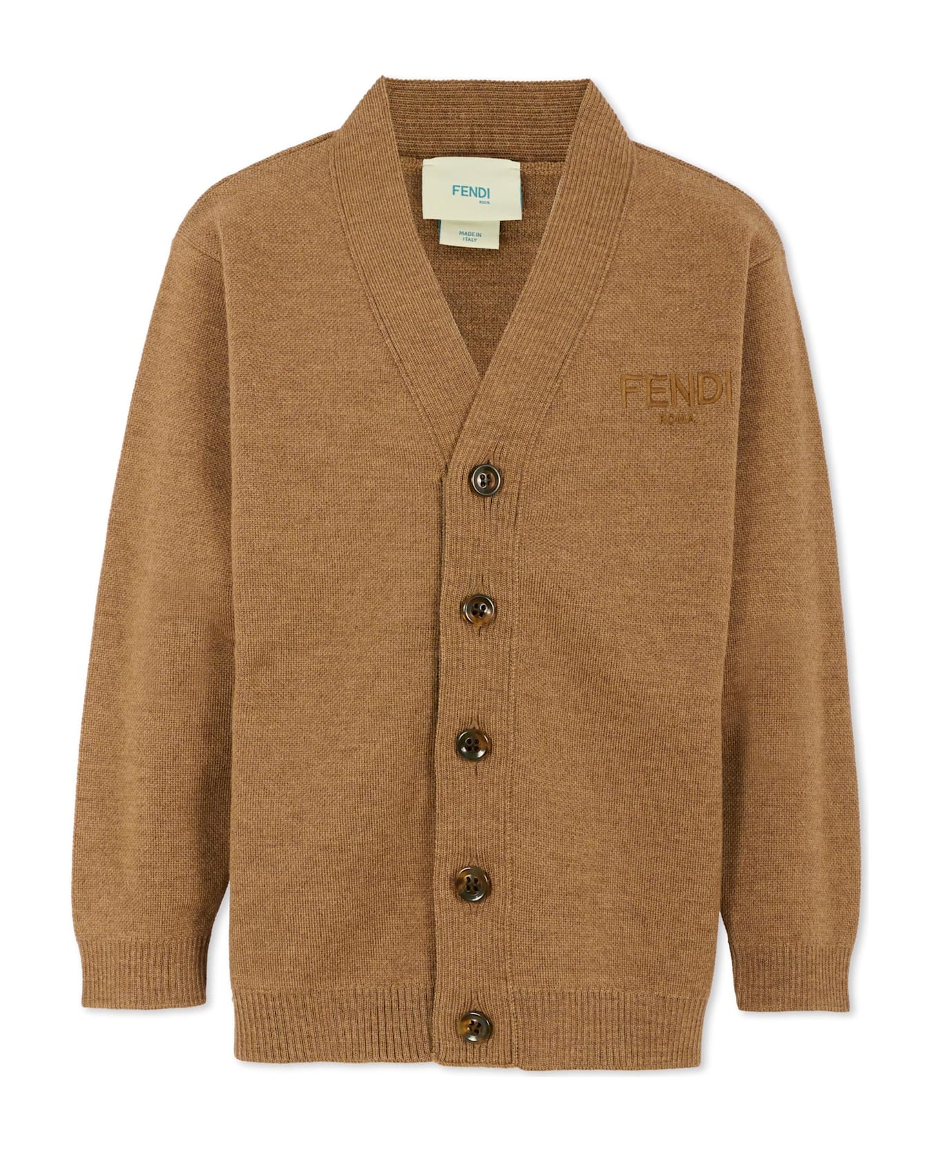 Fendi Brown Cardigan For Kids With Logo - Beige