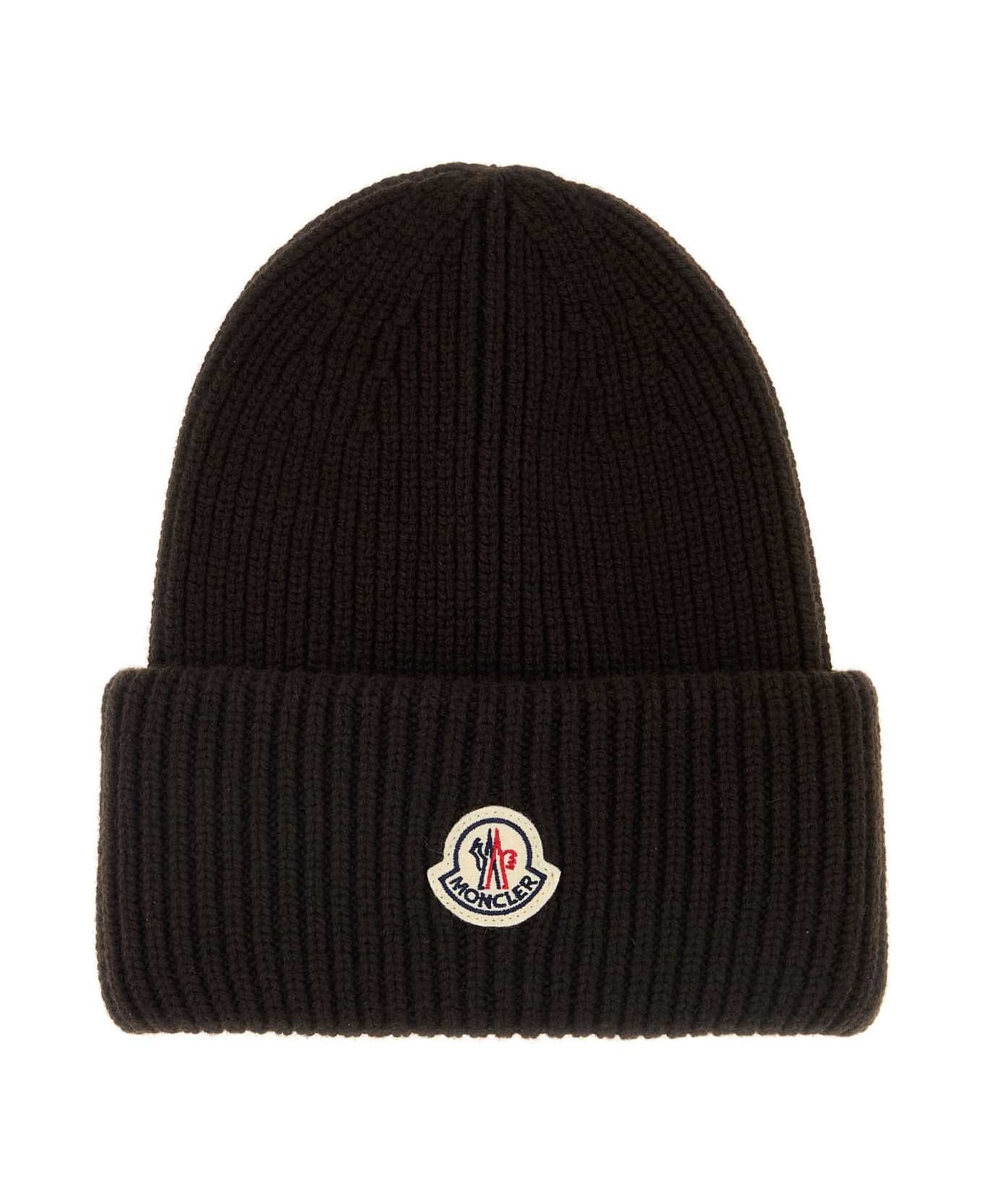 Moncler Dark Brown Wool Blend Beanie Hat - 243