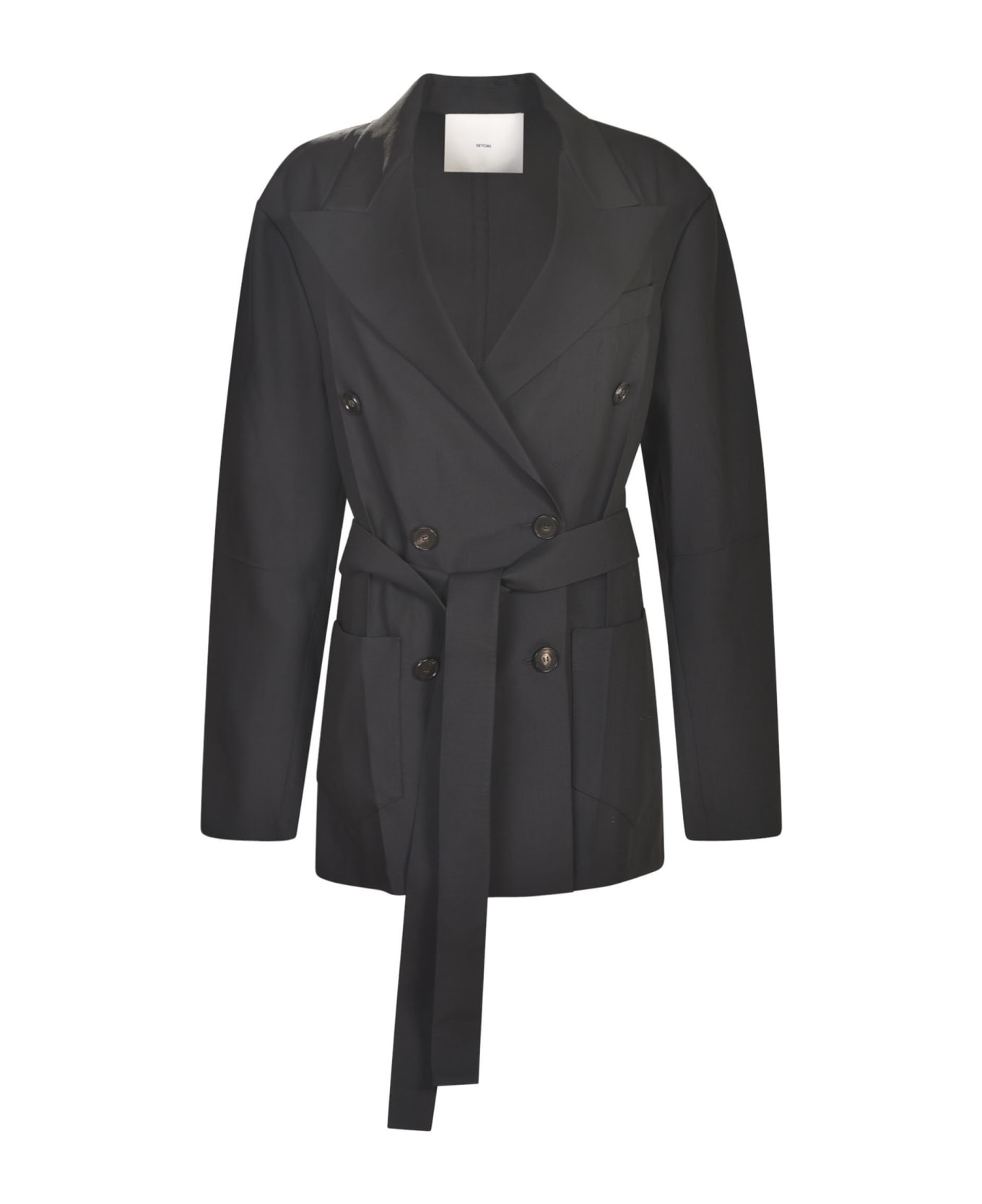 Setchu Double-breasted Belted Coat - Black
