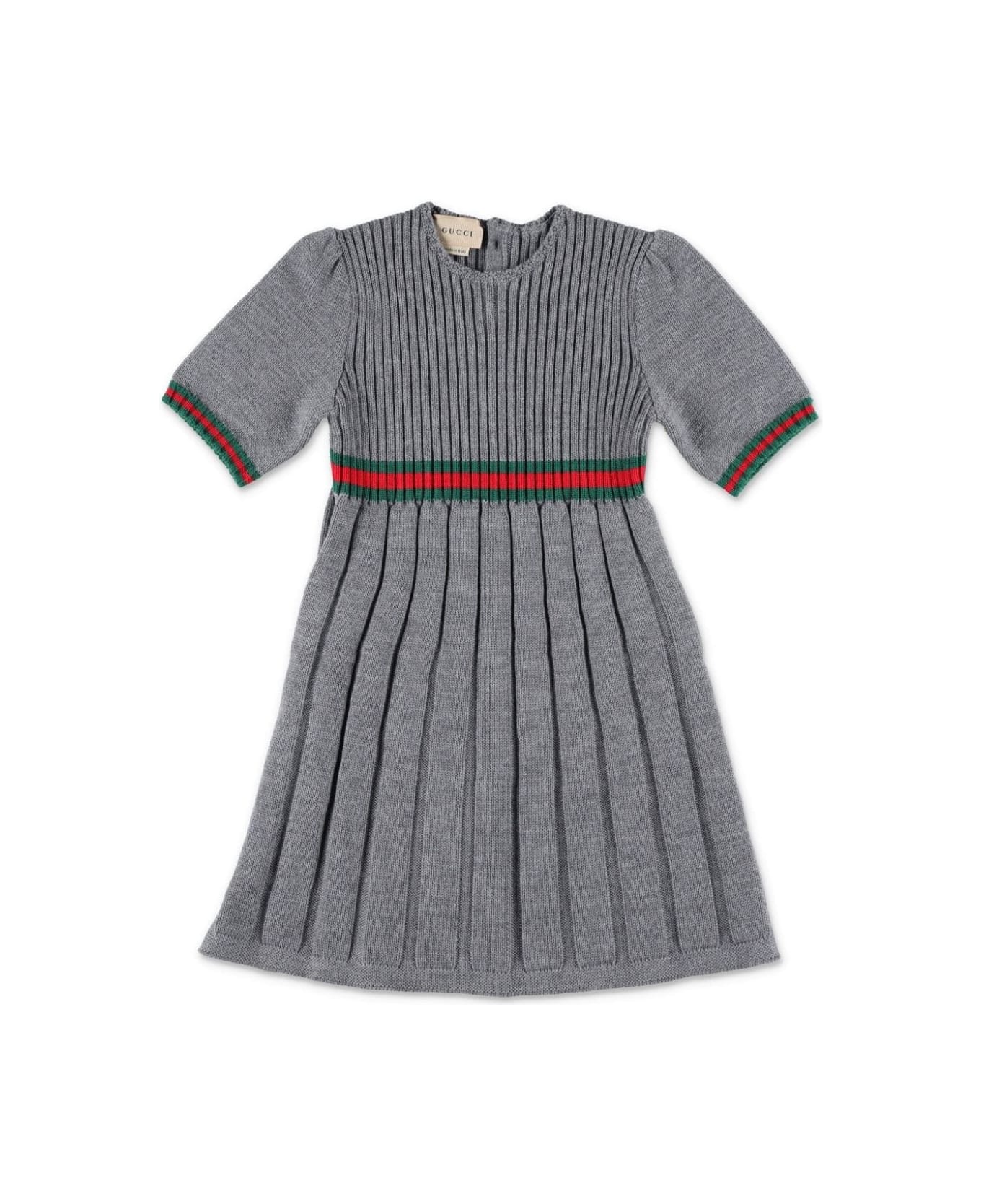 Gucci Grey Wool Dress With Web Ribbon - Grey