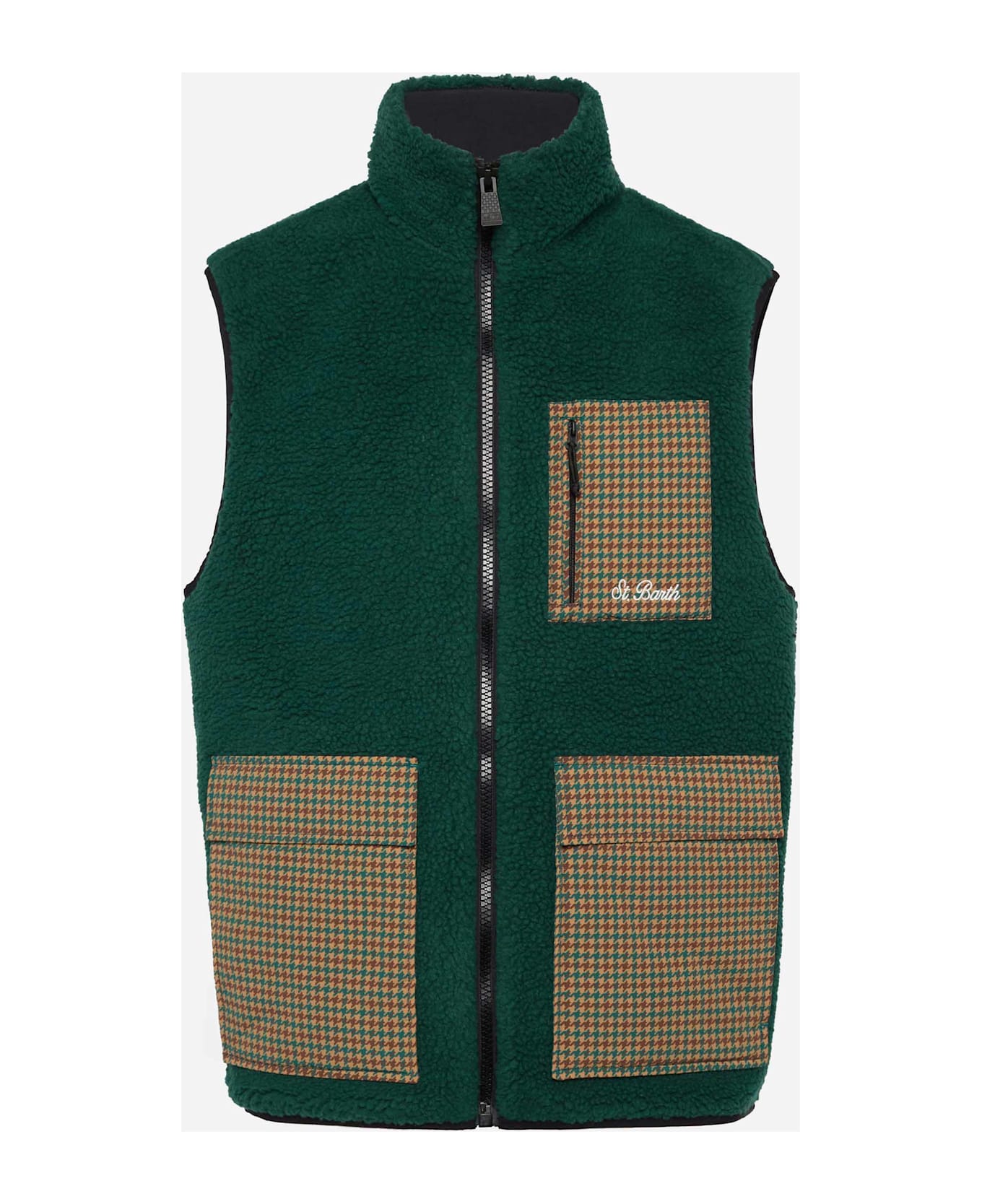MC2 Saint Barth Man Teddy Vest Wanaka With Pied De Poul Print - GREEN