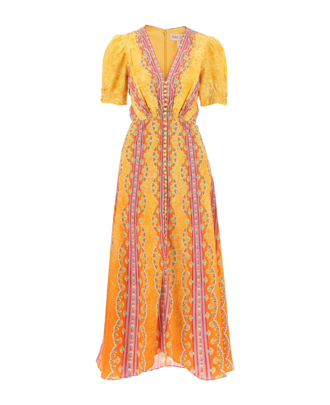 Saloni Long Silk Dress Lea In Eight - CARNIVAL STRIPE PLMT (Yellow)