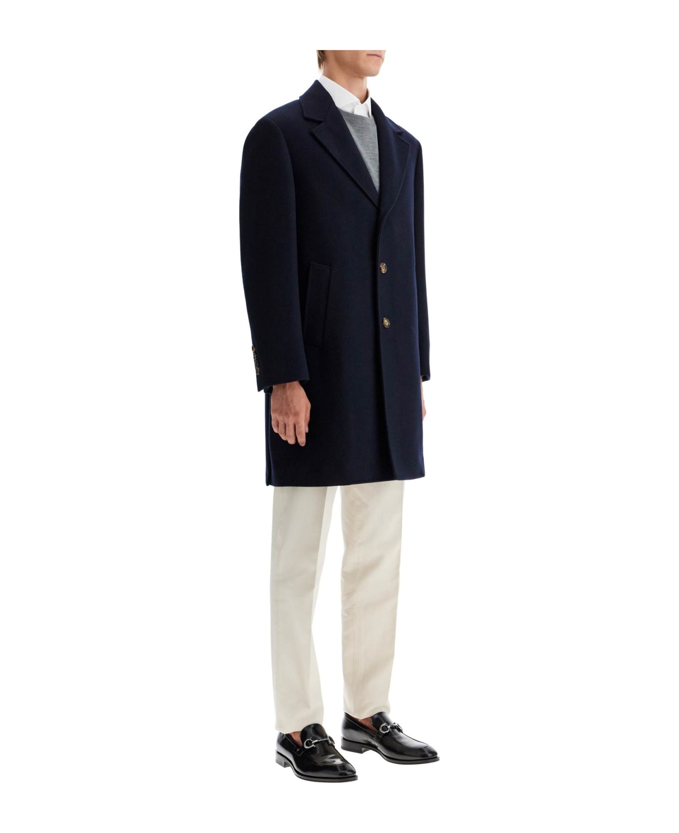 Brunello Cucinelli Wool Beaver Coat In Eight - NAVY/ANTRACITE+RUBINO (Blue)