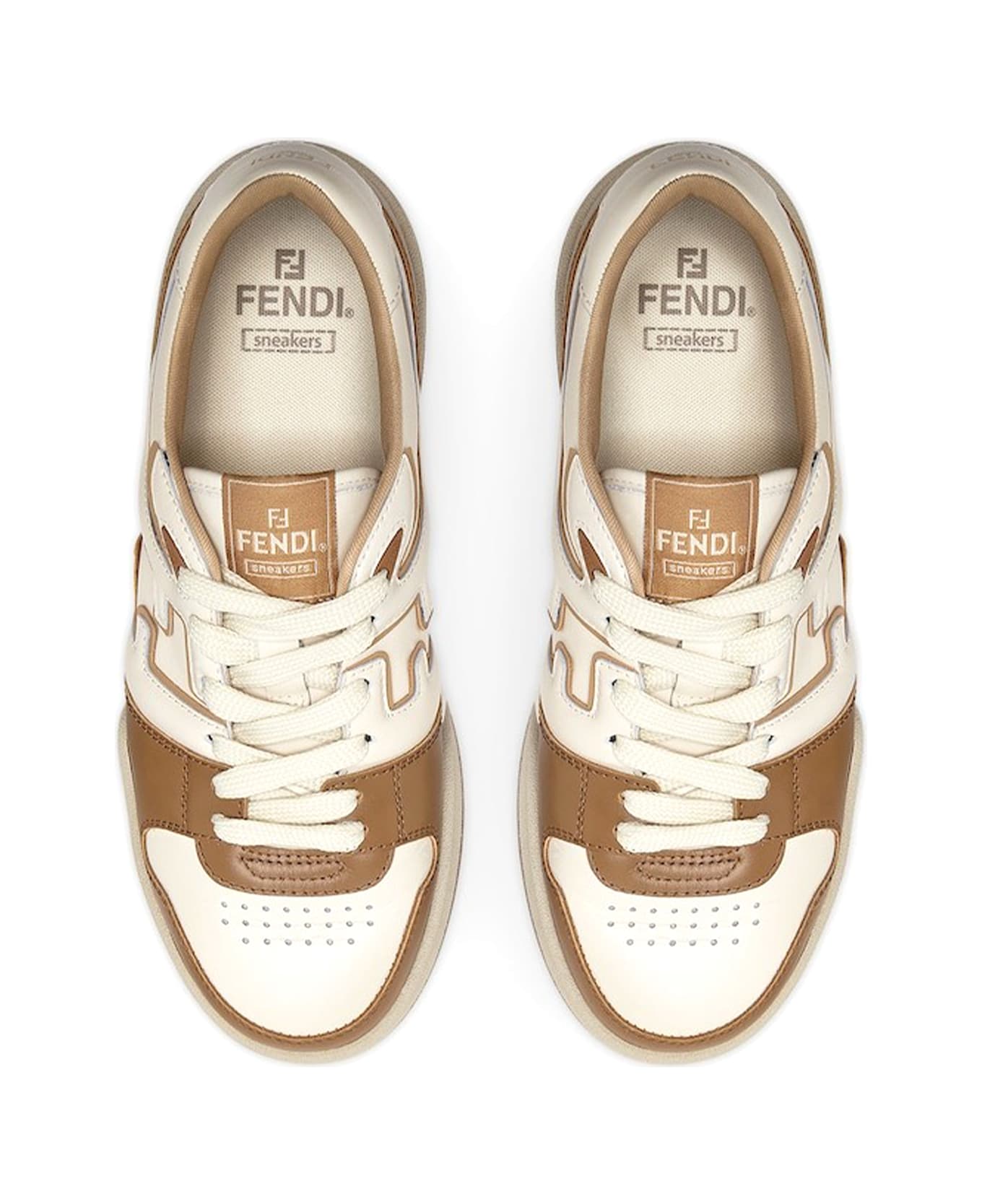 Fendi Low Top Sneaker In Brown Leather - NOCCIOLA BIANCO MOU MOU