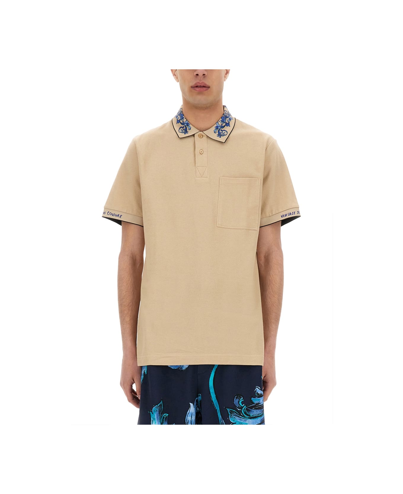 Versace Jeans Couture Polo Shirt With Baroque Outline Collar - BEIGE