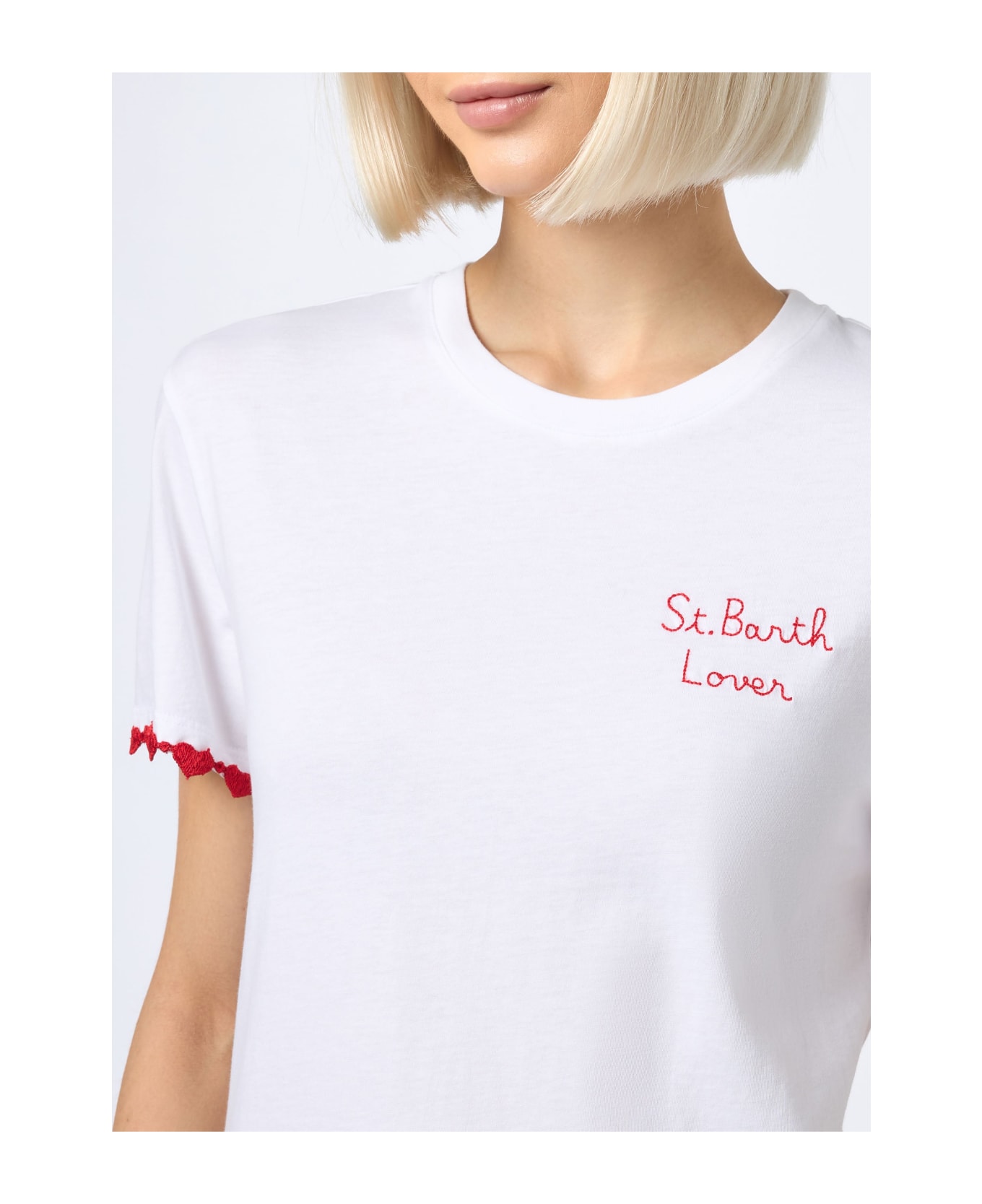MC2 Saint Barth Woman Cotton Jersey Crewneck T-shirt Emilie With St. Barth Lover Embroidery - WHITE
