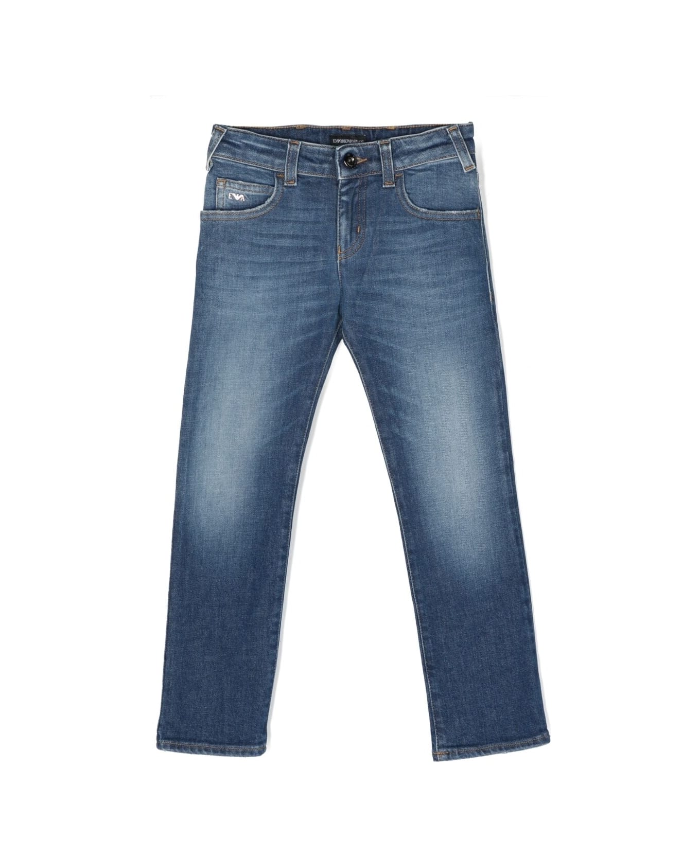 Emporio Armani Blue Five-pocket Jeans With Logo Patch In Stretch Cotton Denim Boy - Blu