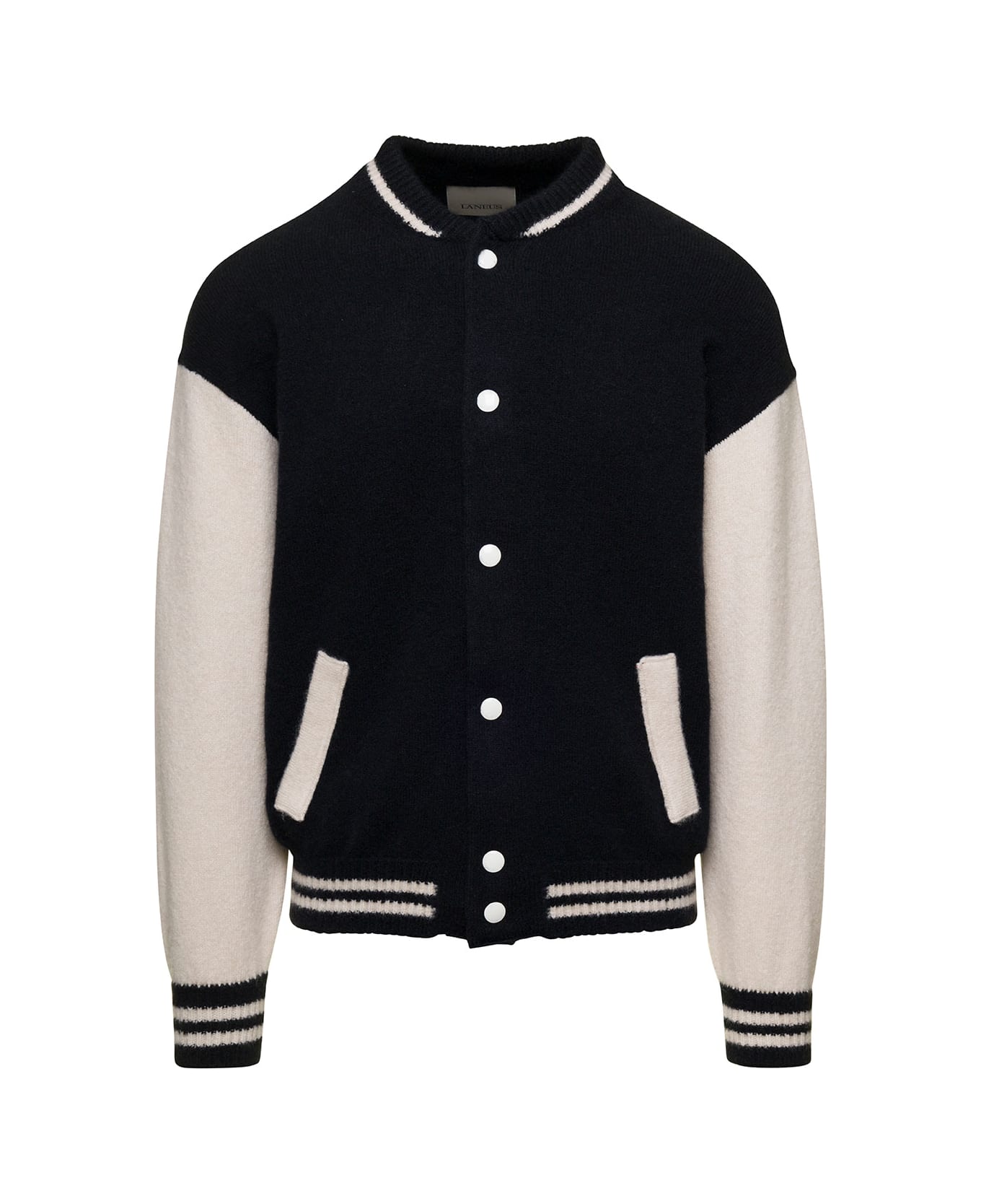 Laneus Black And White Bomber Jacket With Snap Buttons In Wool