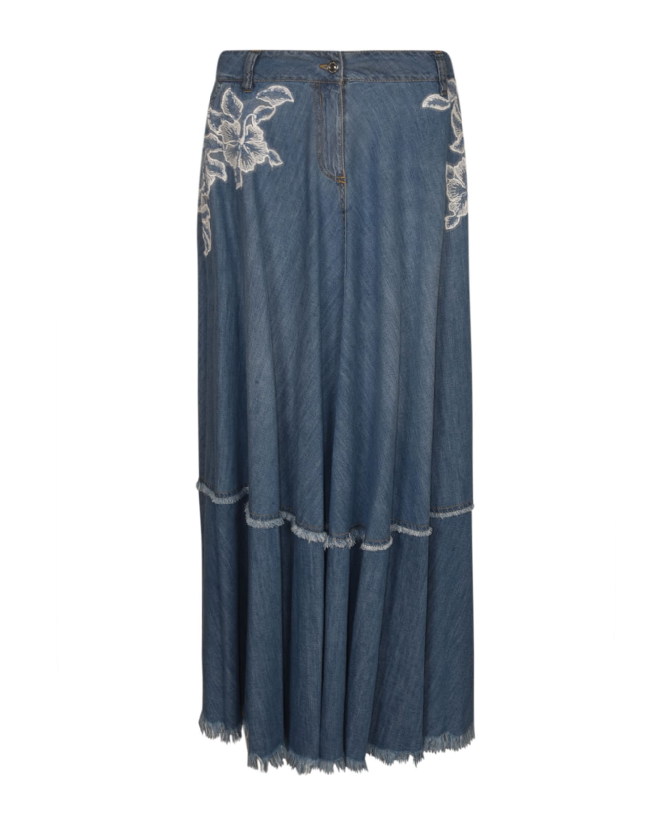 Ermanno Scervino Floral Embroidered Pleated Skirt - Denim
