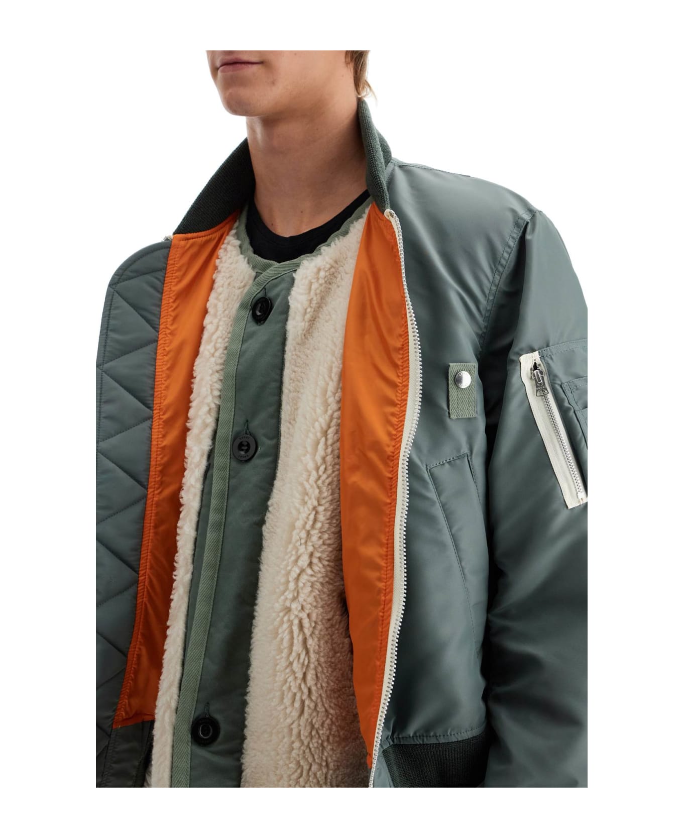 Sacai Shearling Insert Nylon Bomber Jacket - B/khaki×off White