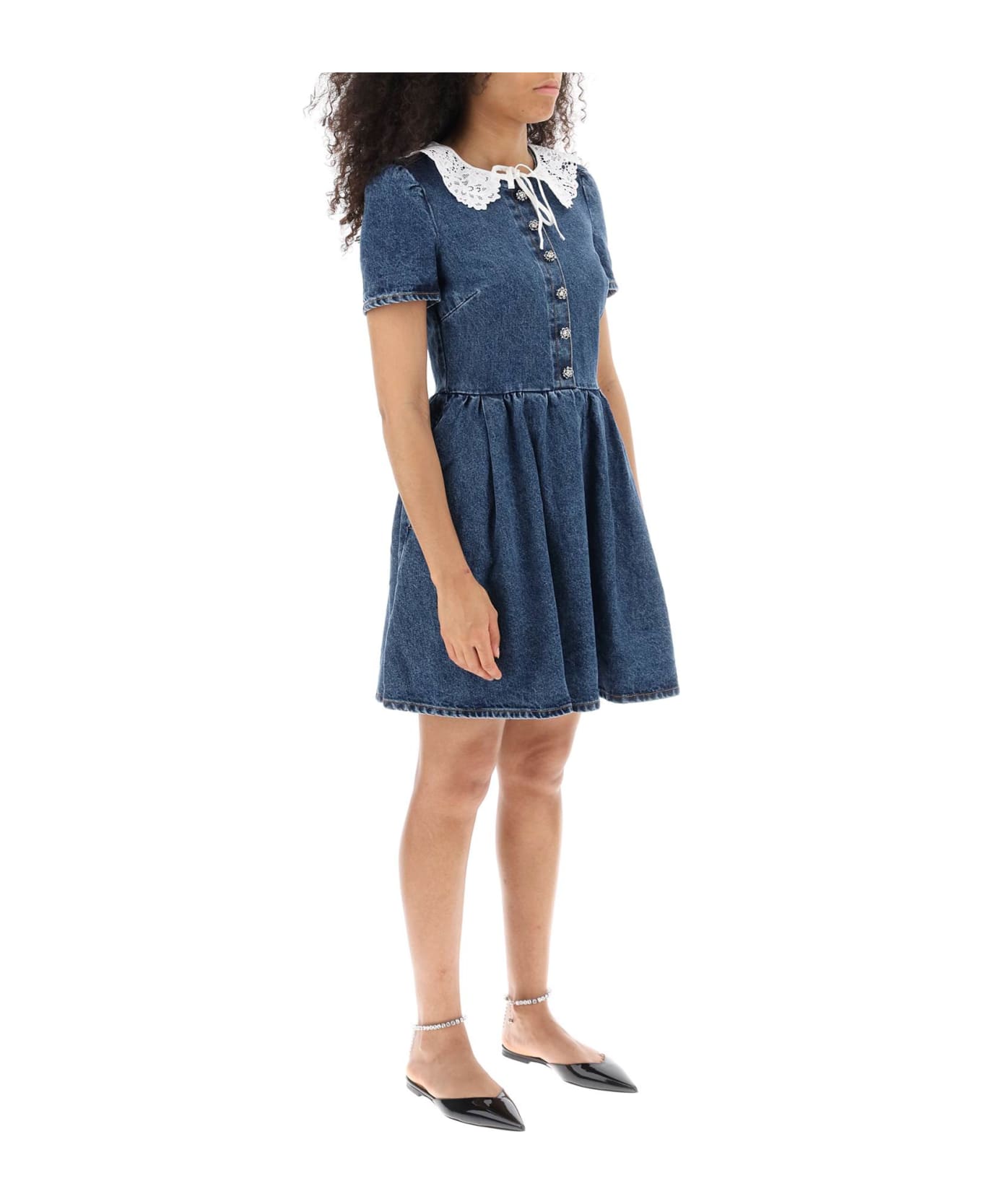 self-portrait Denim Mini Dress With Lace Collar And Jewel Buttons - Bl Blue