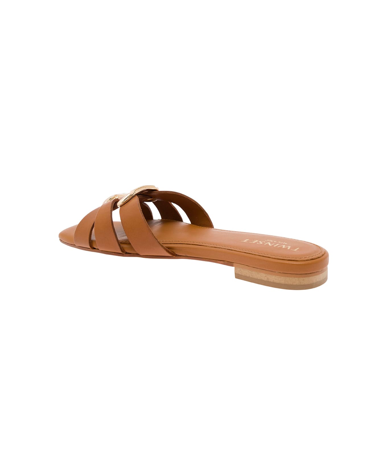 TwinSet Brown Mules With Oval T Logo In Leather Woman - Brown