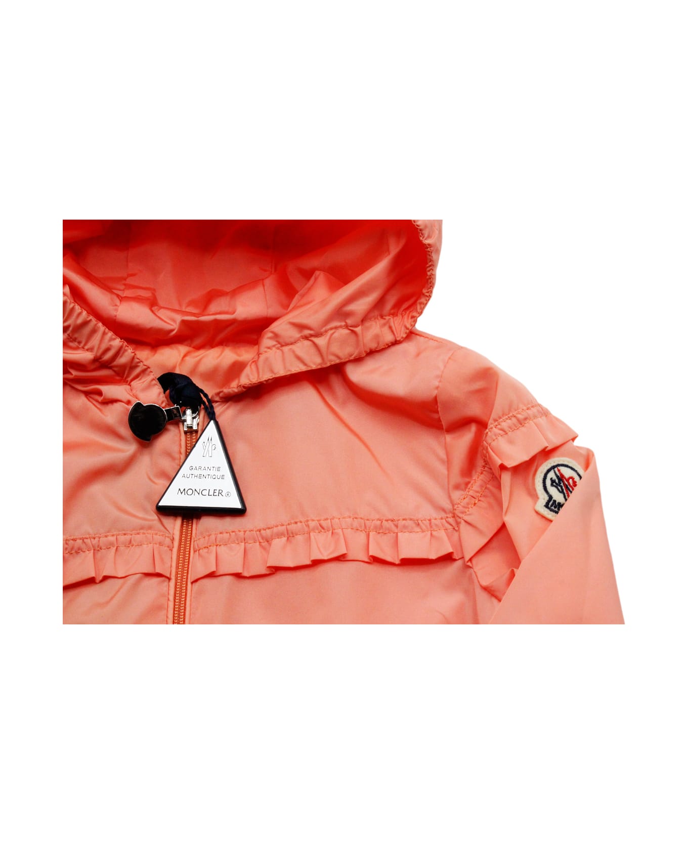 Moncler Hiti Jacket In Light Nylon With Hood, Embellished With Ruffles And Zip Closure. - Orange コート＆ジャケット