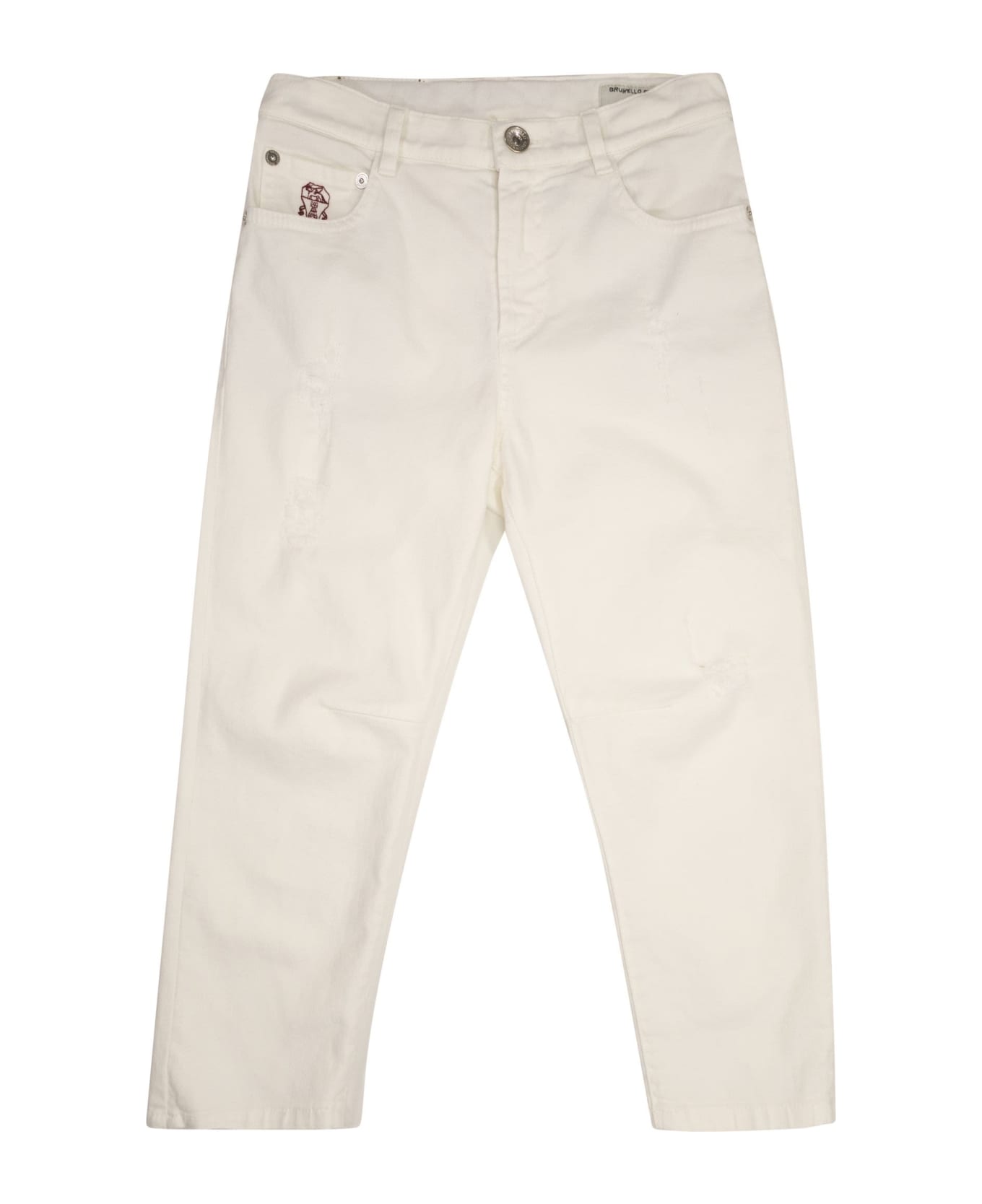 Brunello Cucinelli Five-pocket Trousers In Light Dyed Cotton Comfort Denim With Rips - White