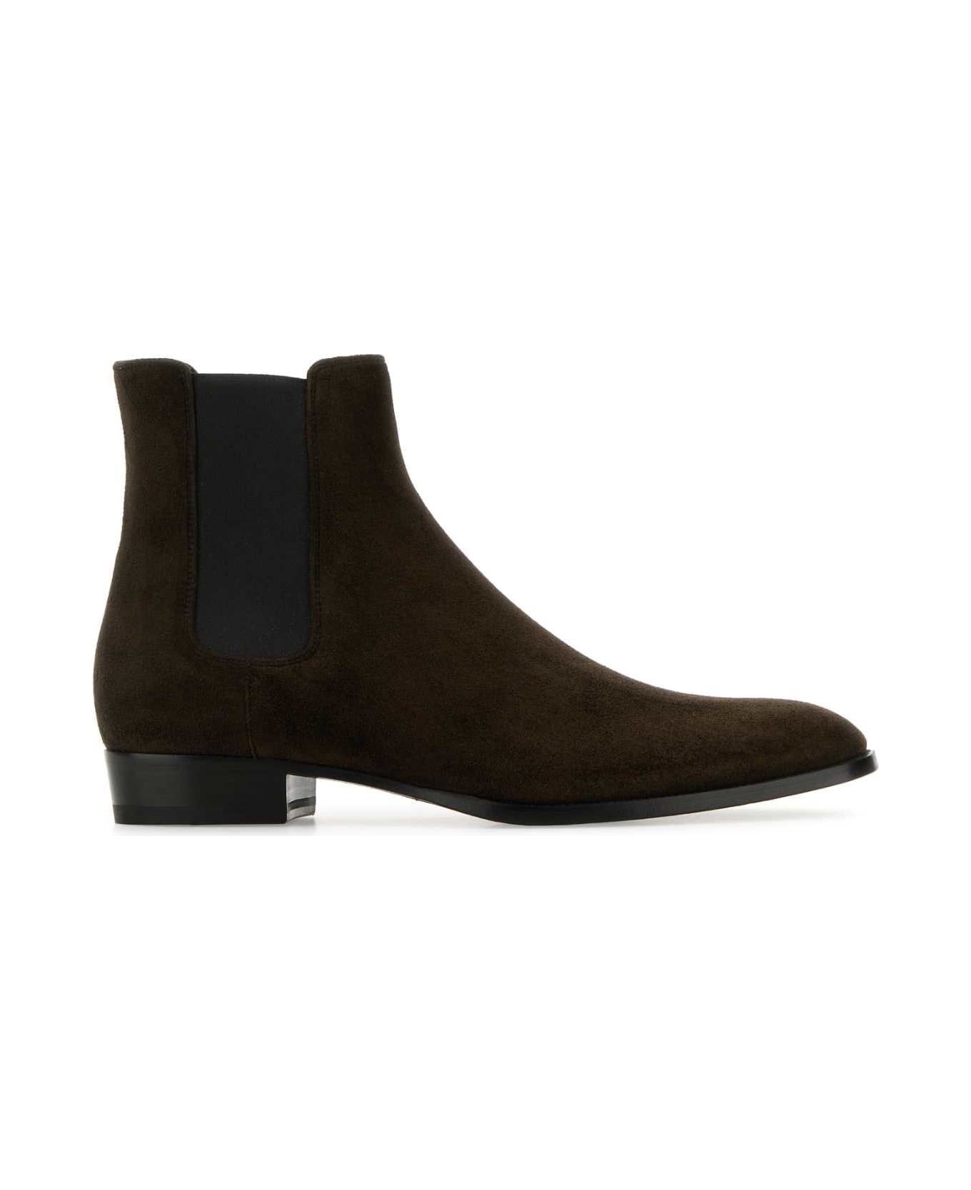 Saint Laurent Dark Brown Suede Wyatt Ankle Boots - TMORO