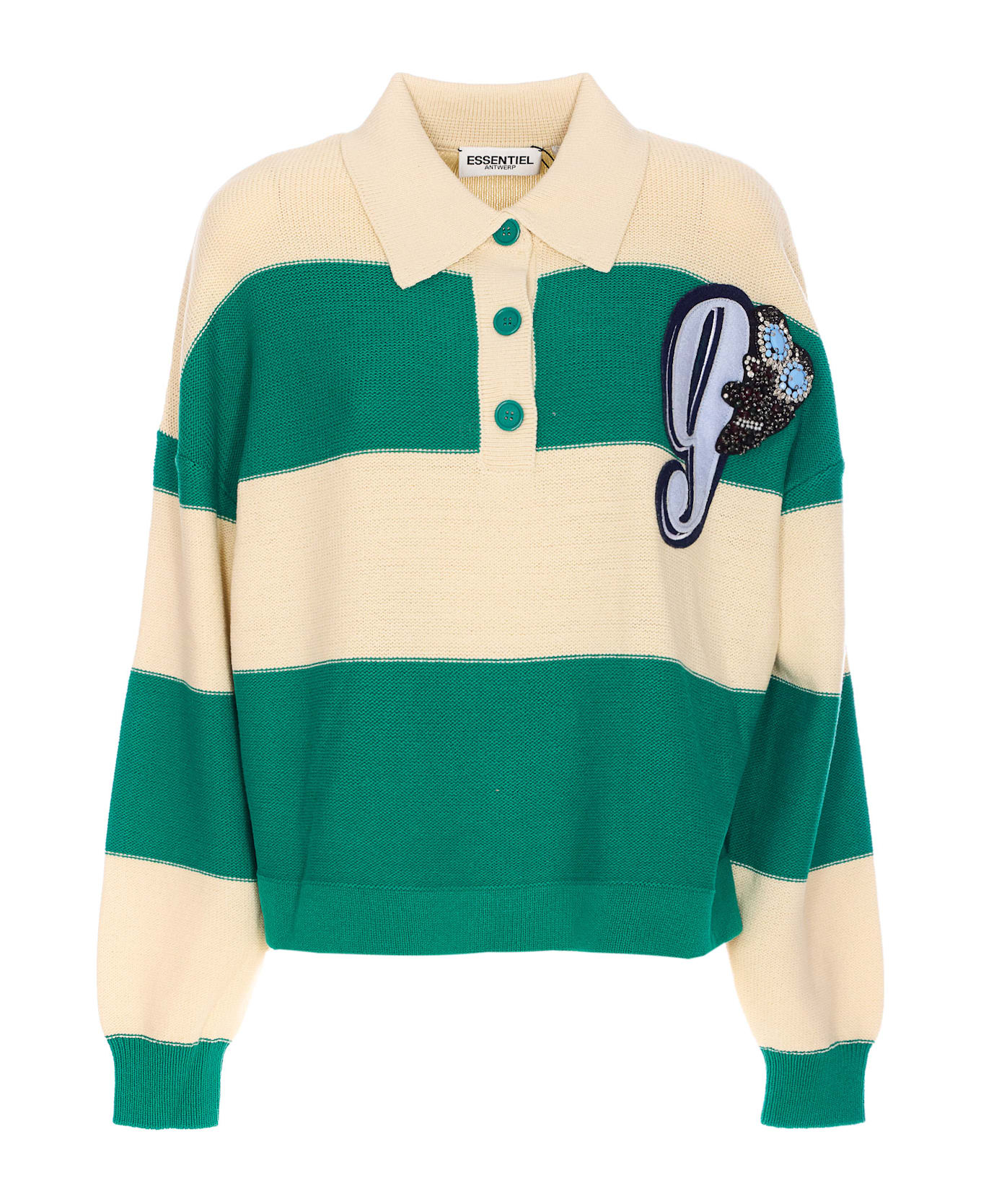 Essentiel Antwerp Hamam Striped Knitted Polo With Rhinestone And Bead Embrodery - Green