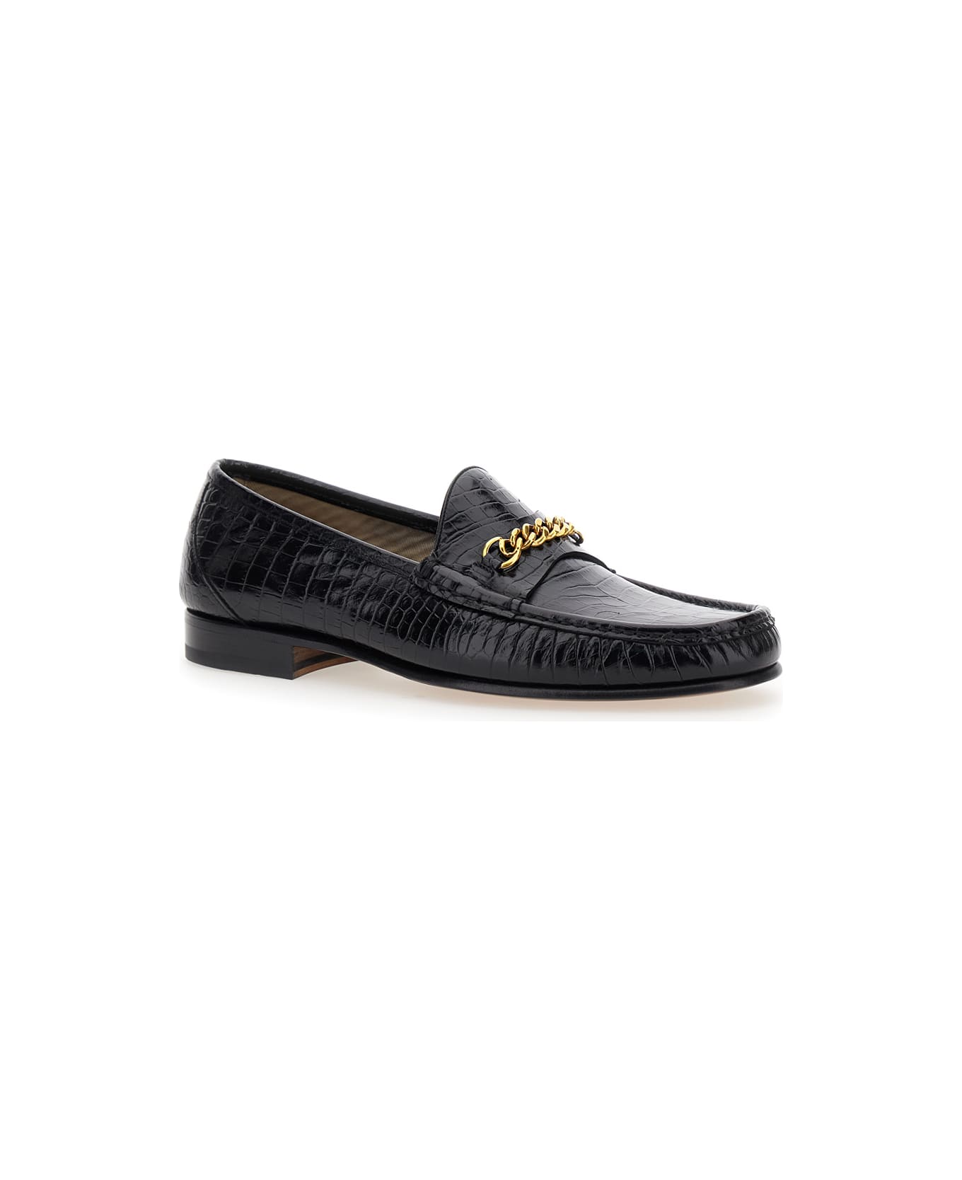 Tom Ford Black Slip-on Loafers With Chain Detail In Croco Effect Leather Man - Black