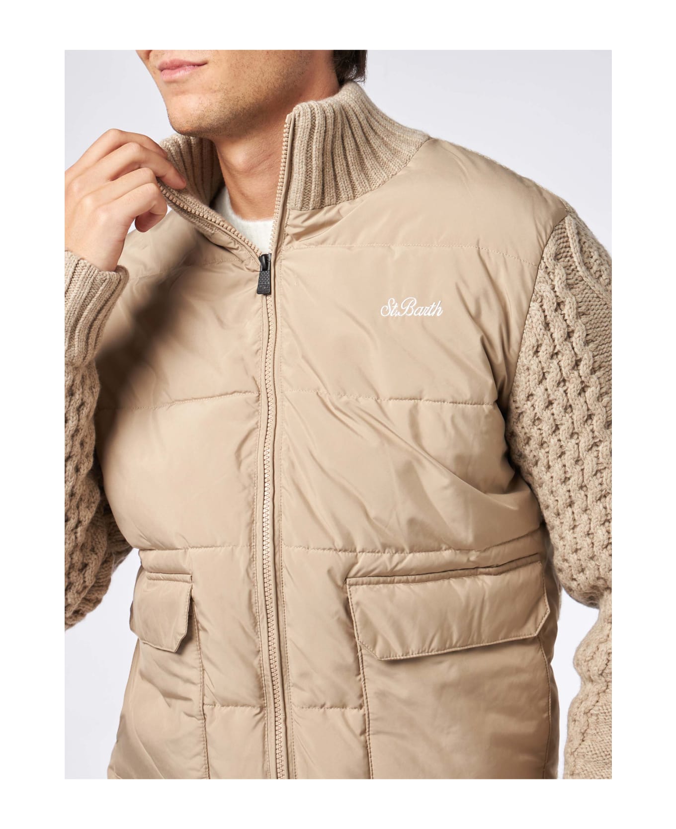 MC2 Saint Barth Man Beige Padded Jacket With Knitted Braided Sleeves - WHITE
