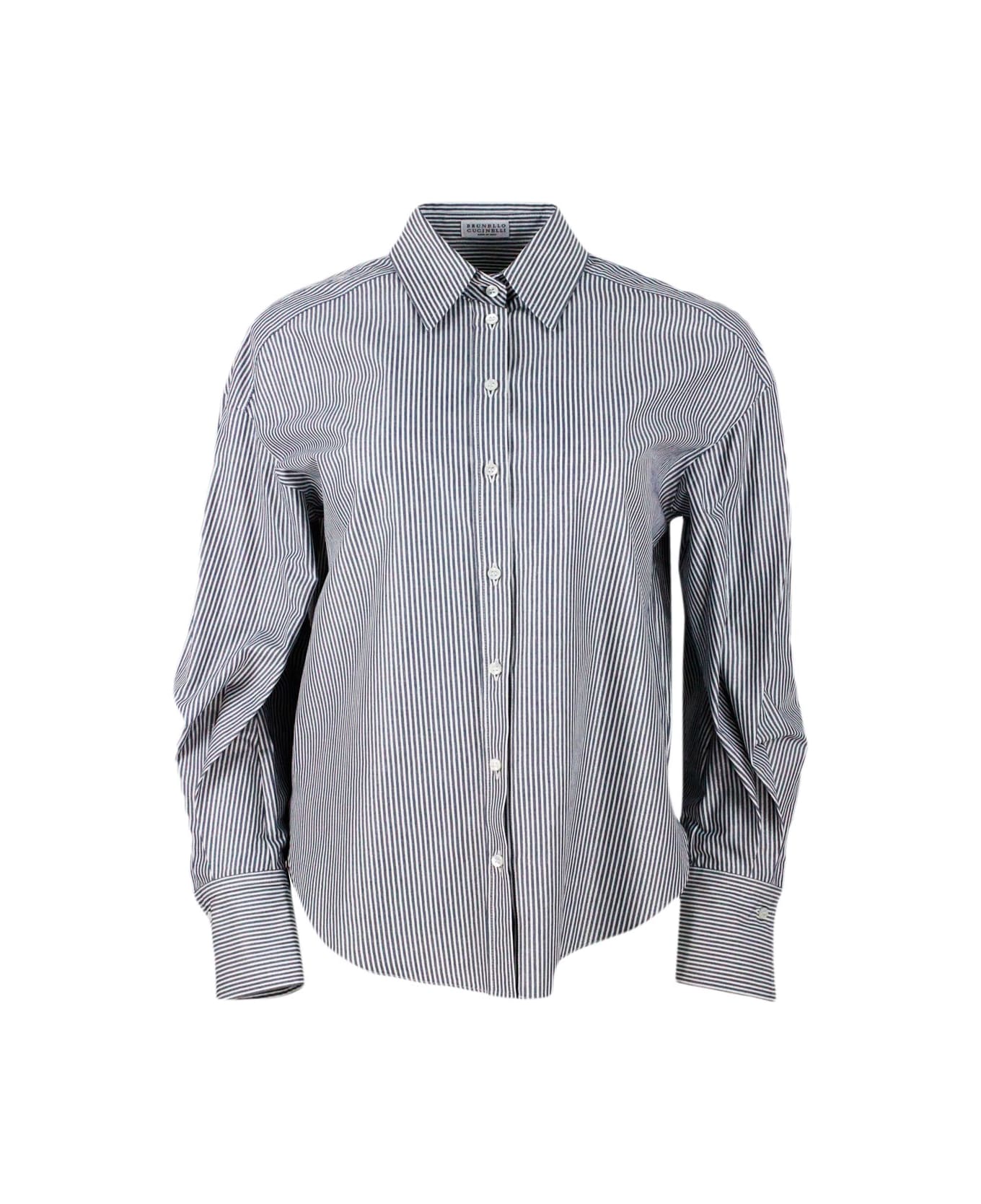Brunello Cucinelli Long-sleeved Shirt Made Of Cotton With A Striped Pattern Embellished With Bright Lurex Threads - Blu シャツ