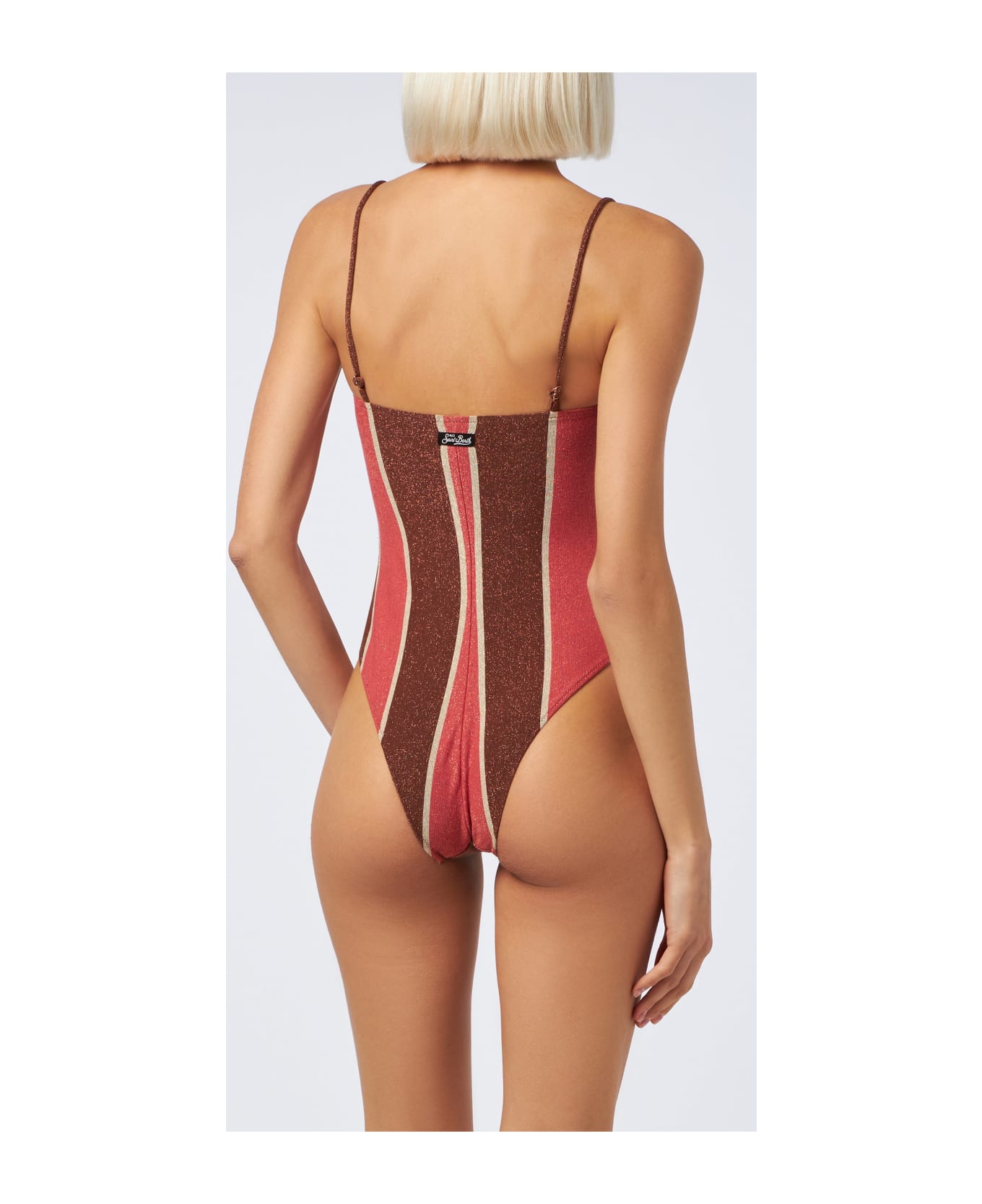 MC2 Saint Barth Brown And Pink Striped Lurex One-piece Swimsuit Blume - BROWN