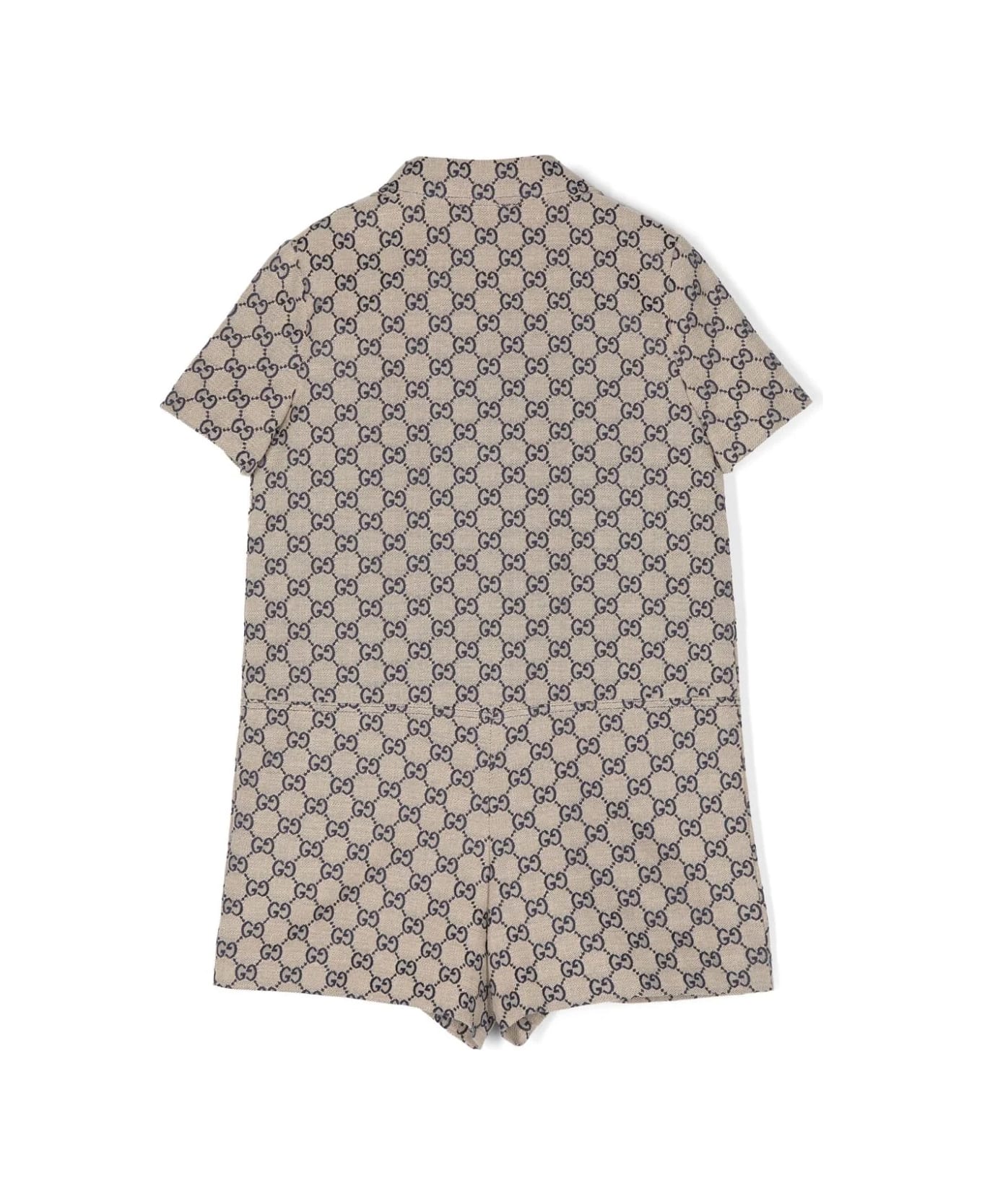 Gucci Gg Fabric Playsuit In Beige And Blue - Brown