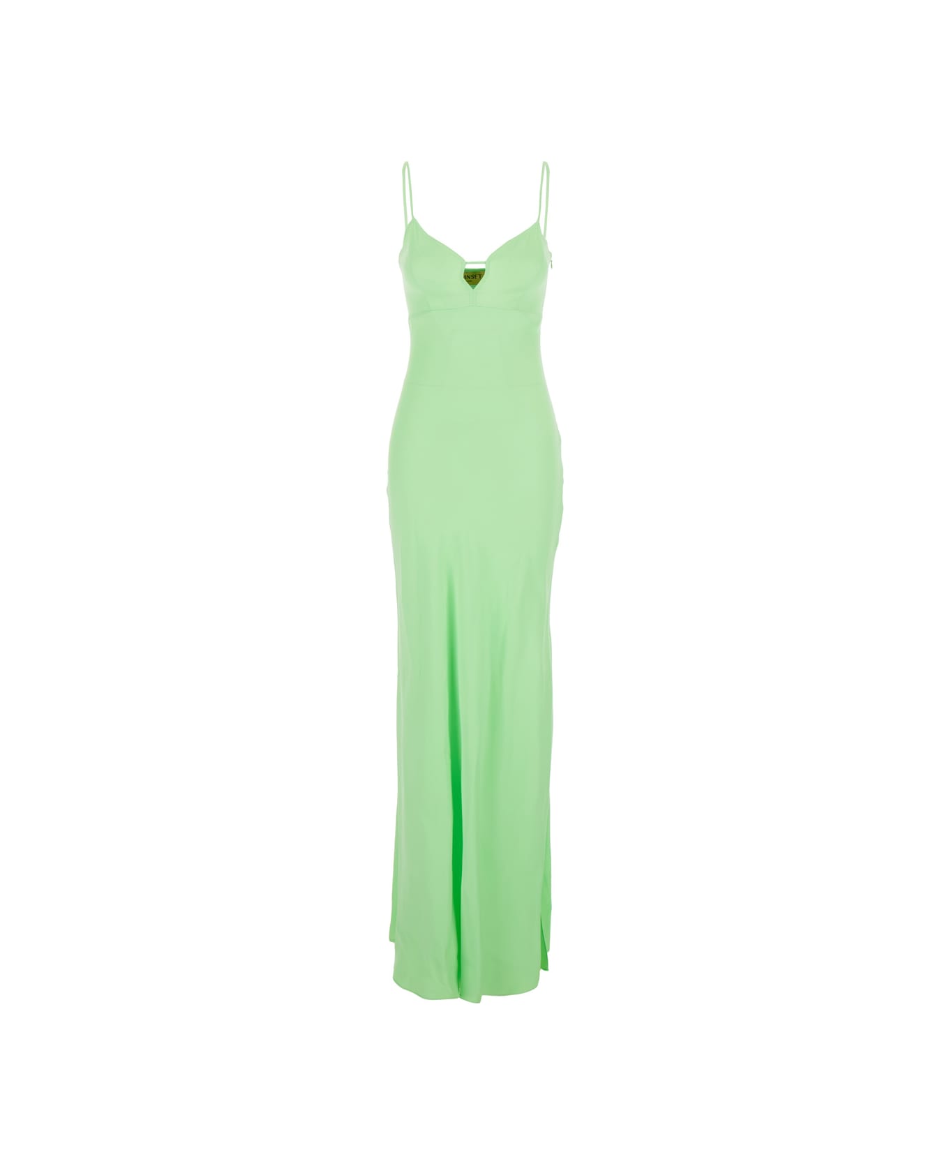 TwinSet Green Long Dress With Thin Shoulder Straps And Metallic Logo Plaque On The Back In Tech Fabric Woman - Green
