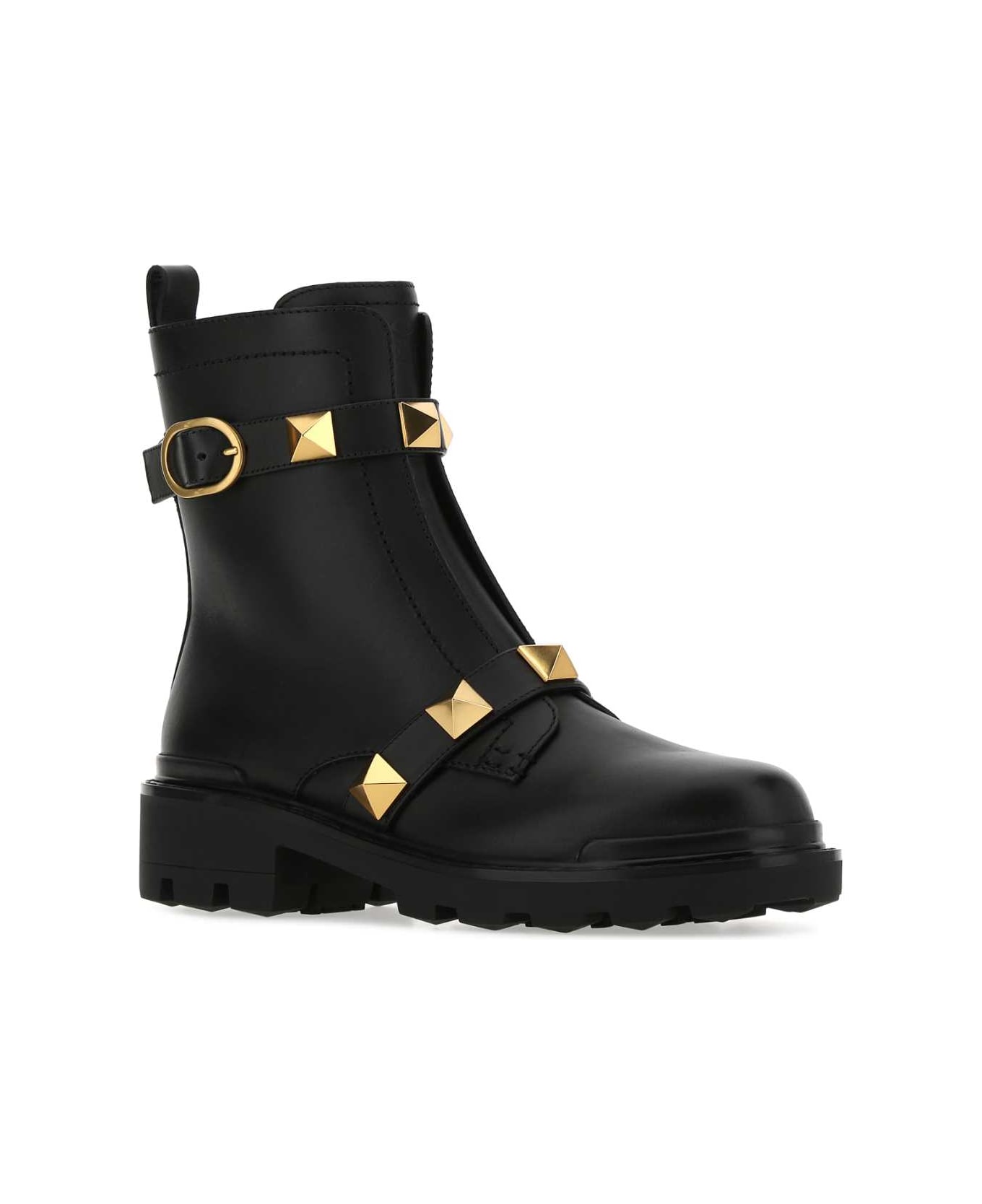 Valentino Garavani Black Leather Roman Stud Ankle Boots - 0NO ブーツ
