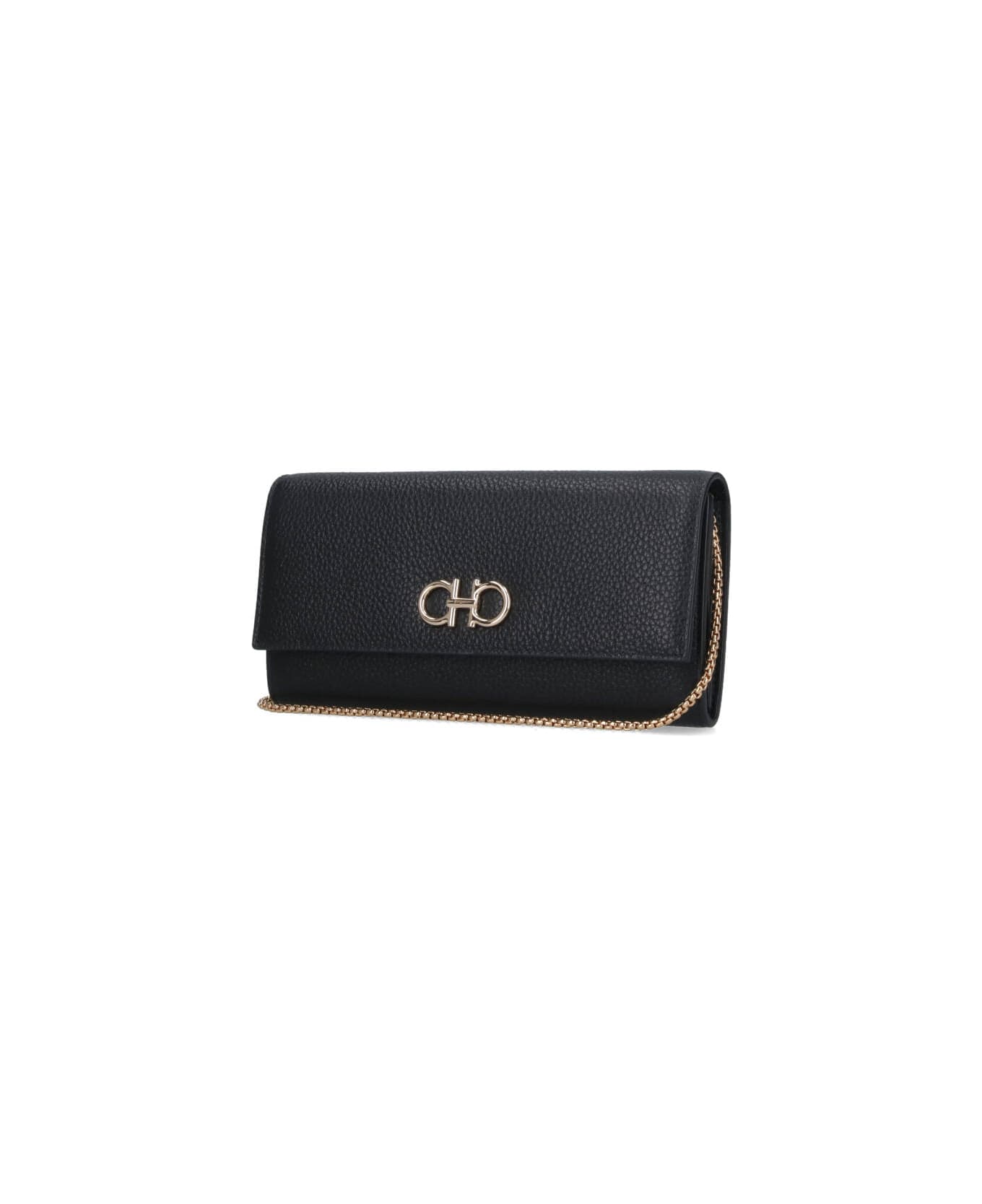 Ferragamo 'gancini' Wallet With Shoulder Strap - Black  