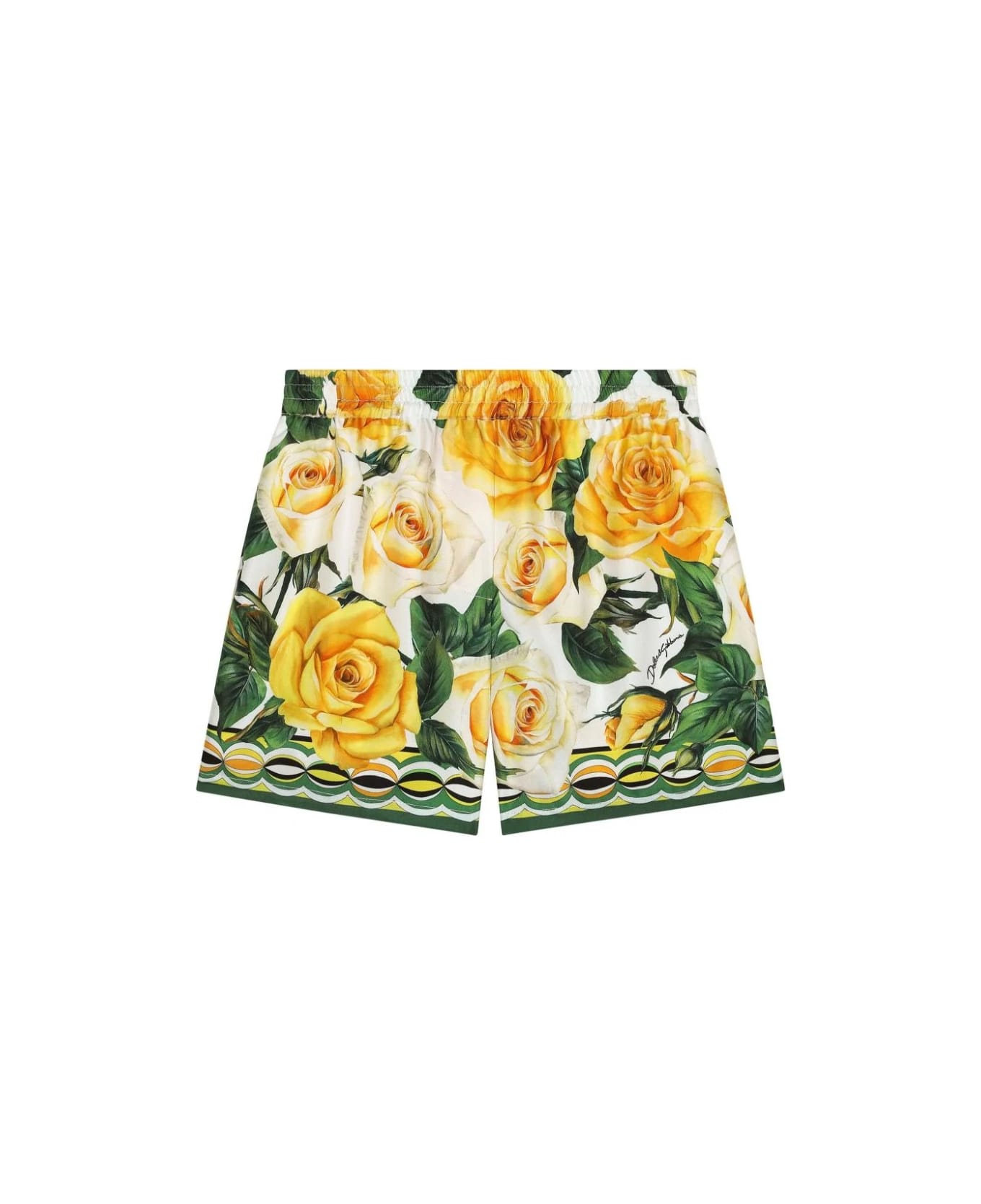 Dolce Small & Gabbana Twill Shorts With Yellow Rose Print - White
