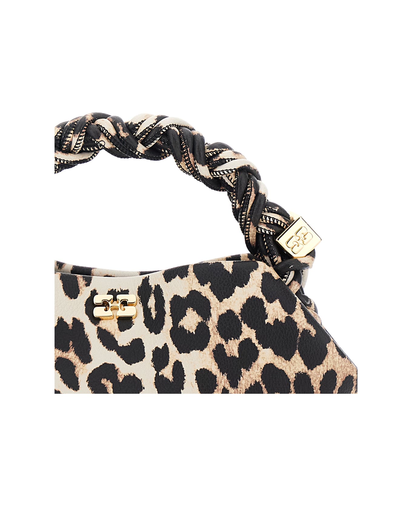 Ganni 'bou' Brown Mini Handbag With Braided Handle And All-over Leopard Motif In Fabric Woman - Brown