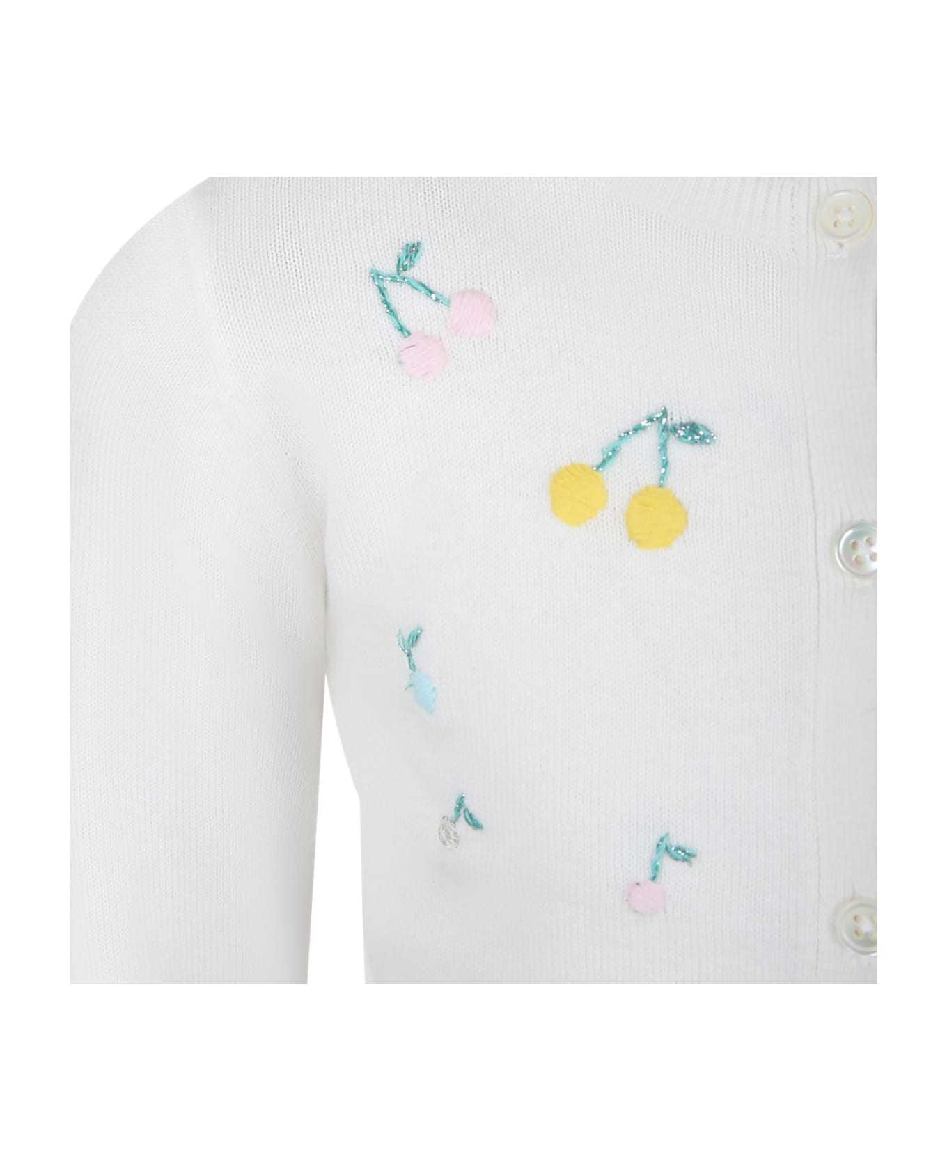 Bonpoint White Cardigan For Girl With Multicolored Cherries Embroidered All-over - Upb Blanc Lait