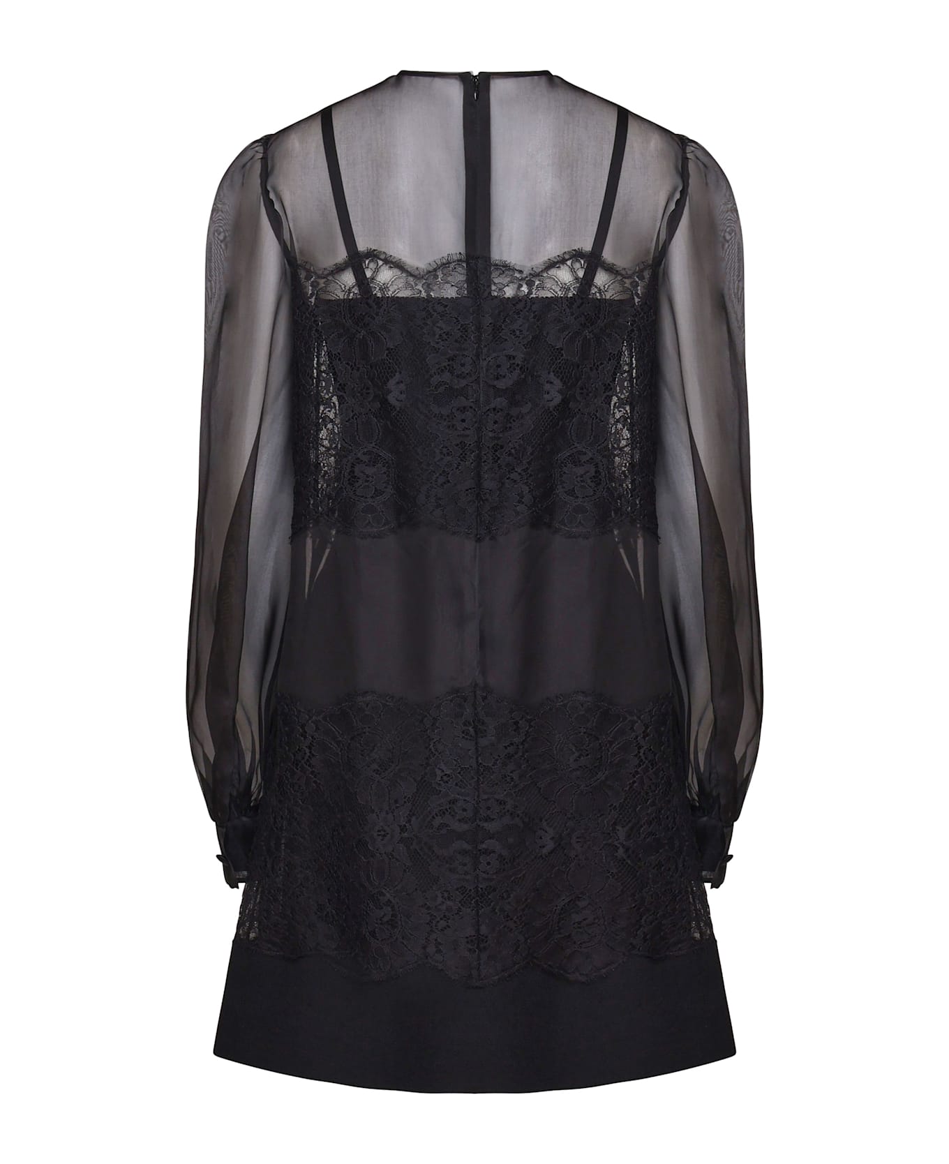 Dolce & Gabbana Short Dress In Silk Organza With Lace Inlays - Black