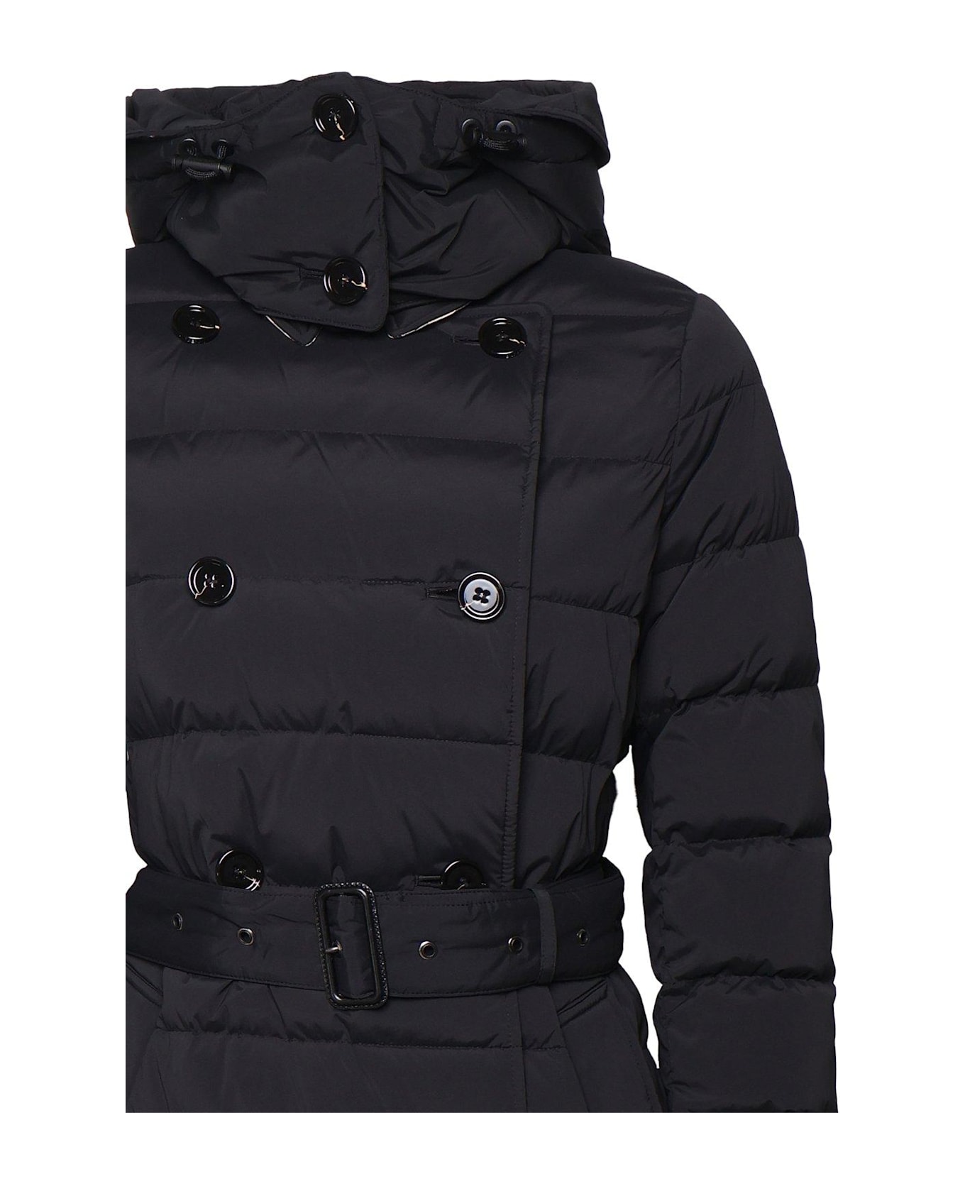 Burberry Double Breasted Hooded Belted Down Coat - Black