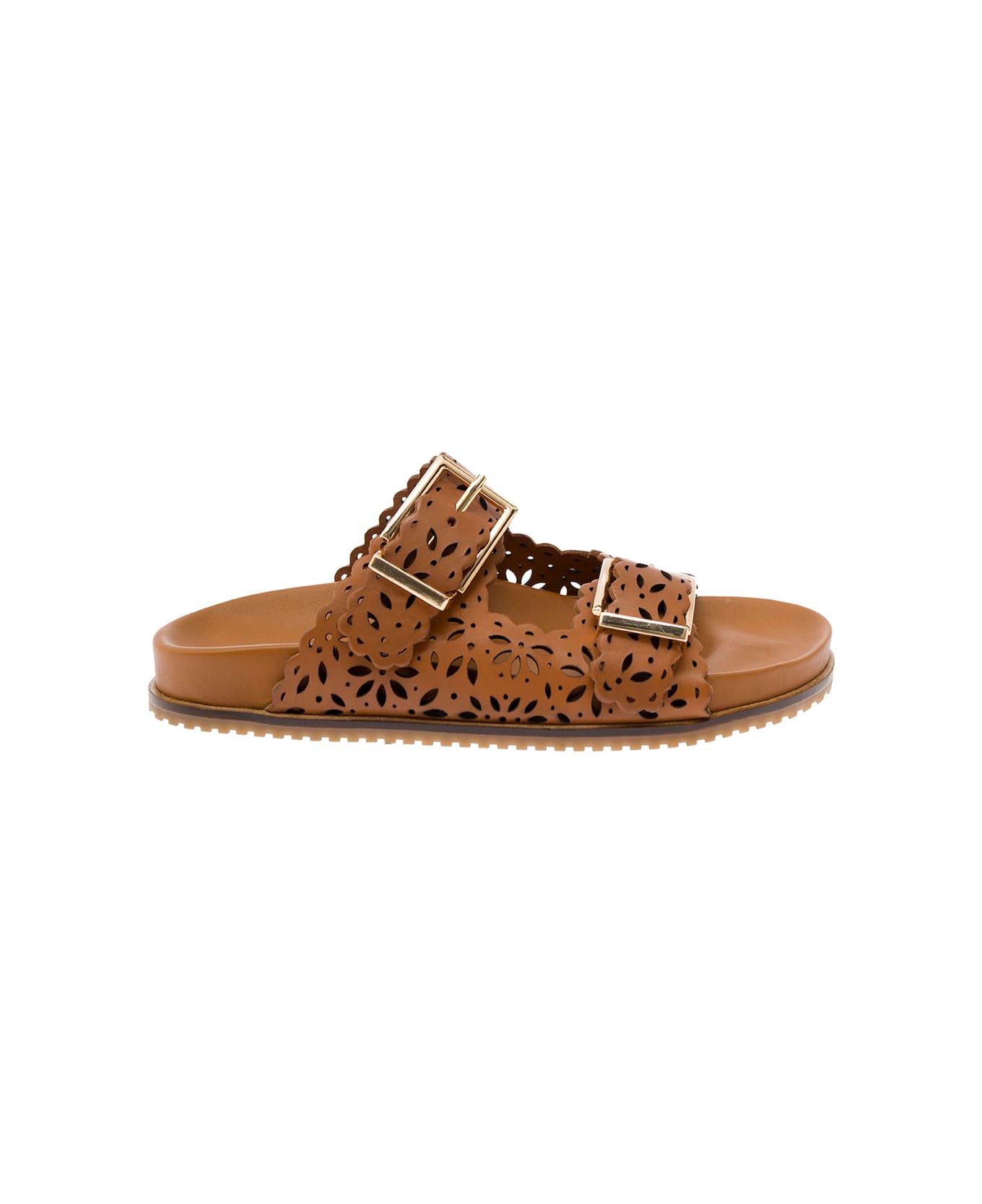 TwinSet Brown Mules With Double Bukles In Leather Woman - Brown