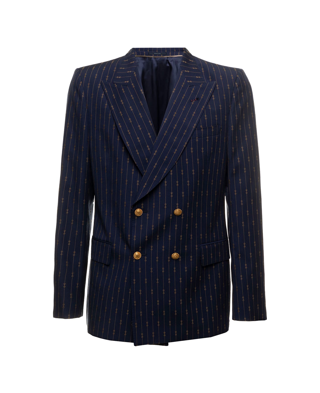 Gucci Man's Blue Printed Wool Double-breasted Blazer - blue