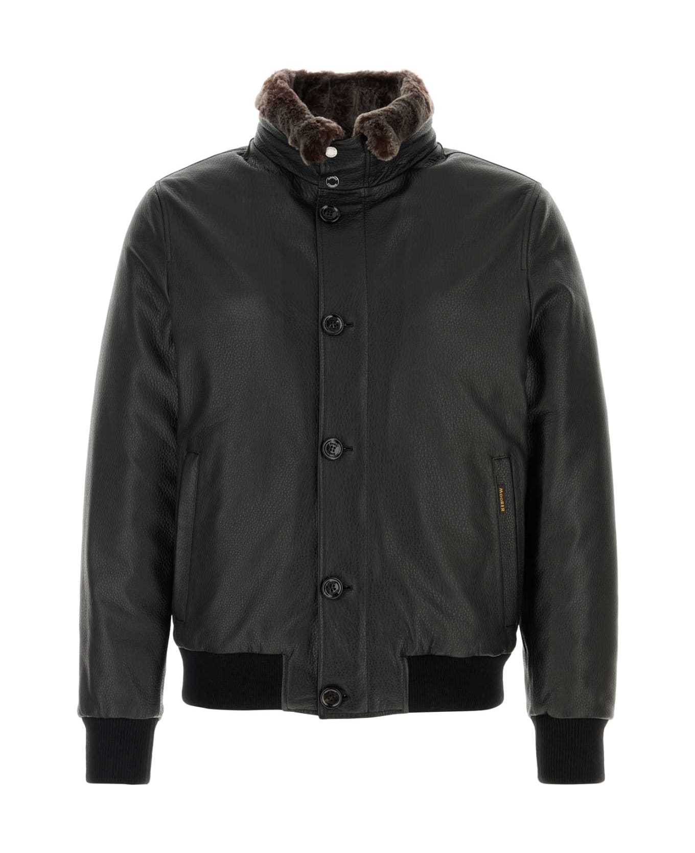 Moorer Black Leather Cleros Bomber Jacket - BLACK