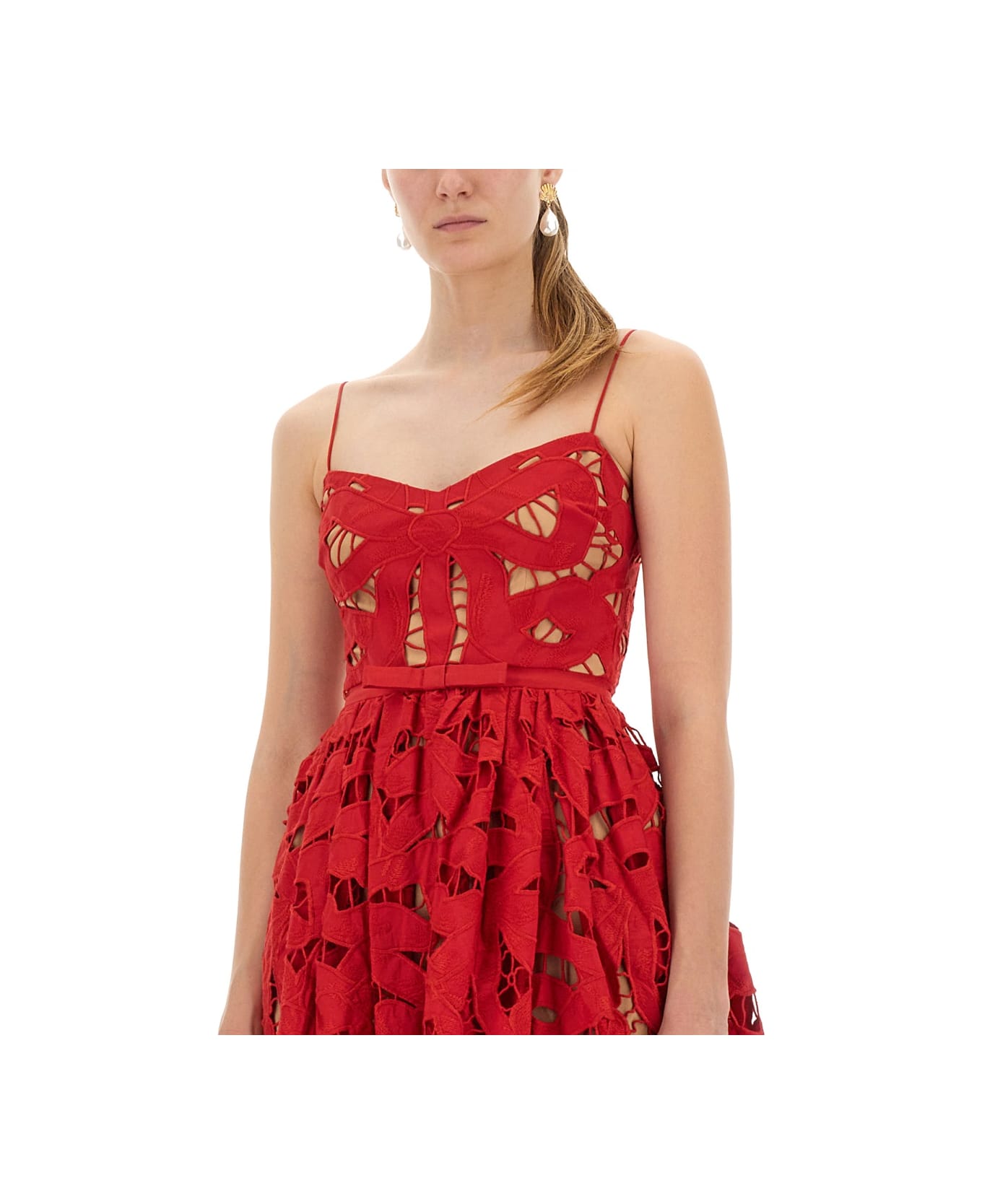 self-portrait Embroidered Midi Dress With Bow - RED